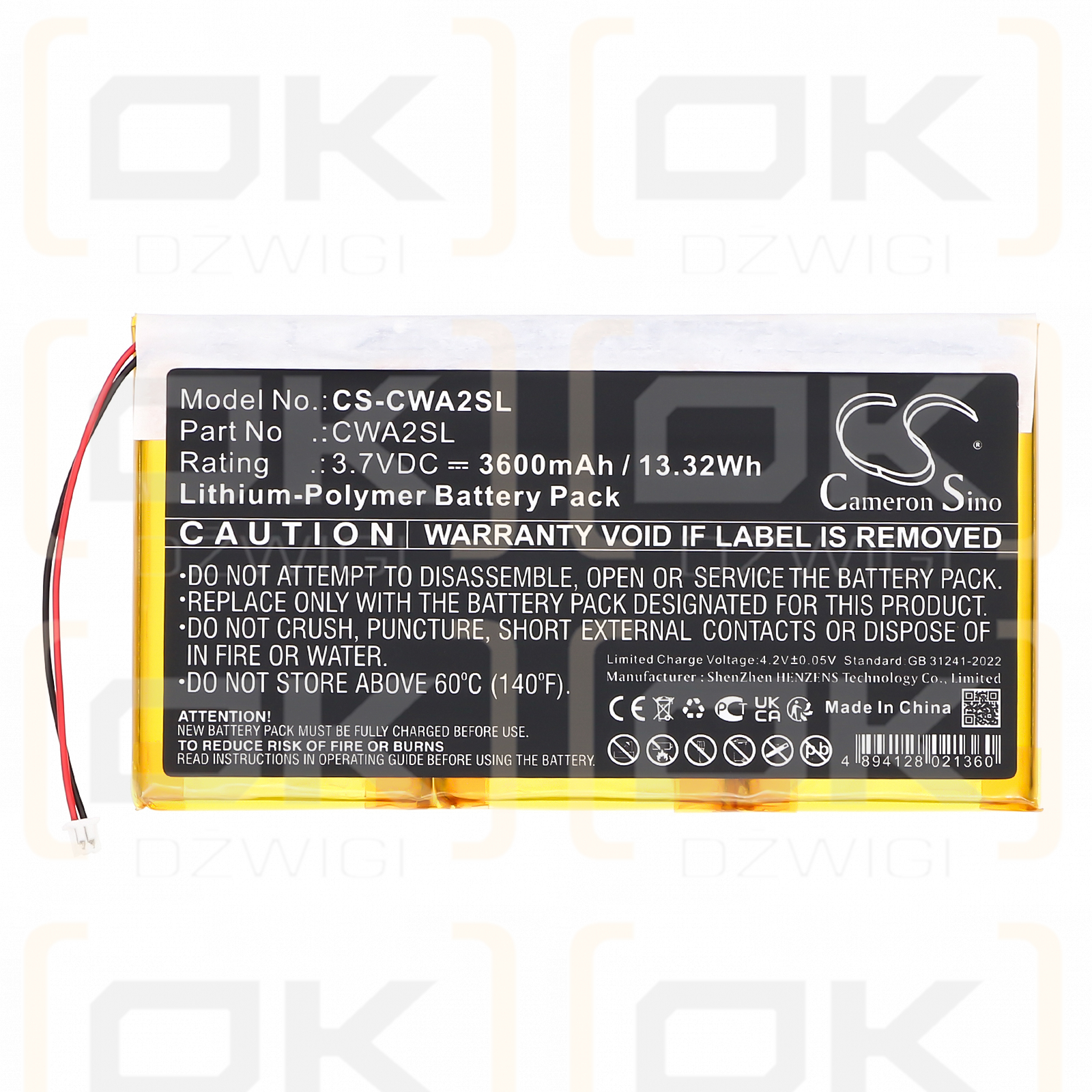 Batería Cowon Q5W de polímero de litio de 3600 mAh y 3,7 V (Cameron Sino)