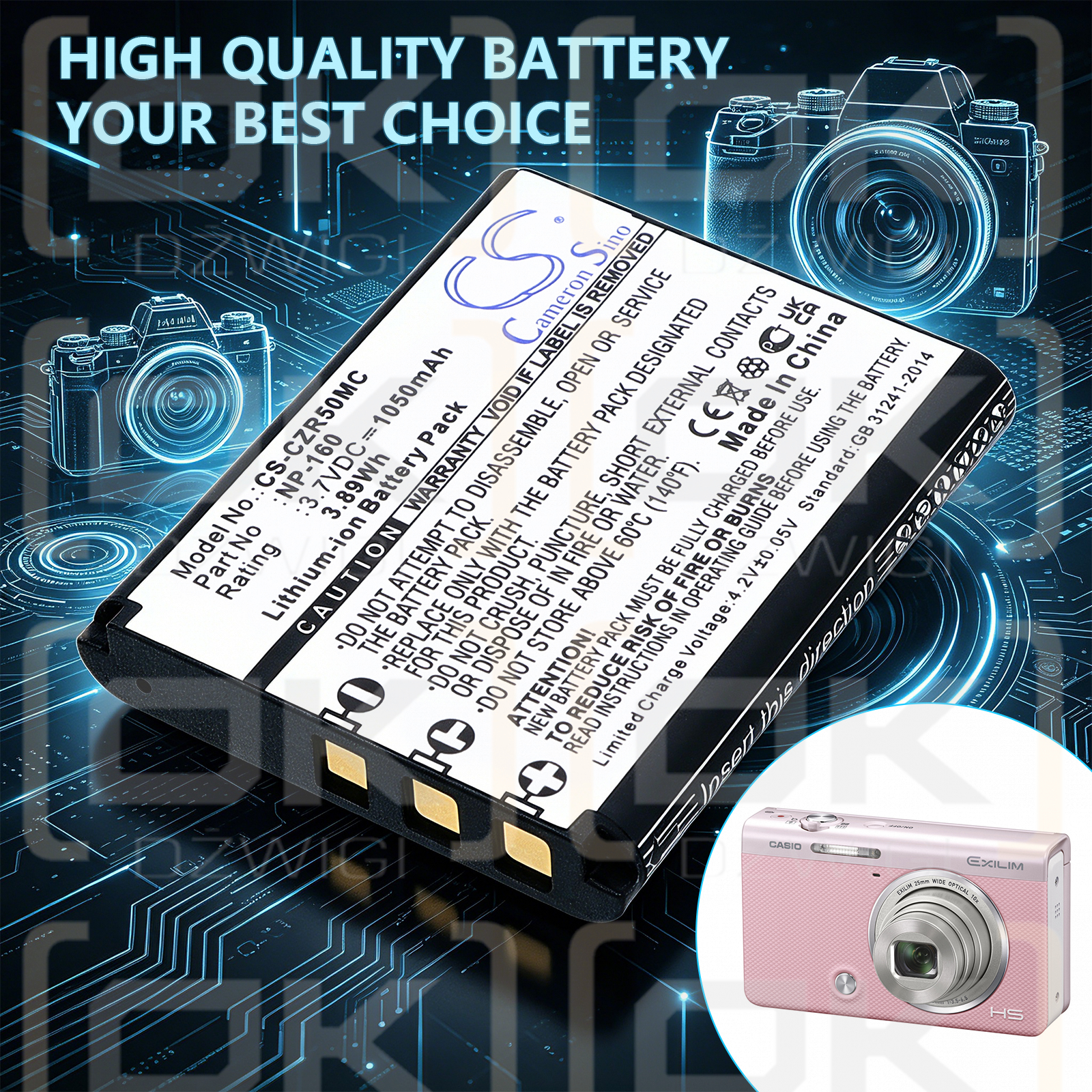 Ersatzakku für Casio Exilim EX-ZS220 / NP-160 1050 mAh Li-Ion 3,7 V (Cameron Sino)