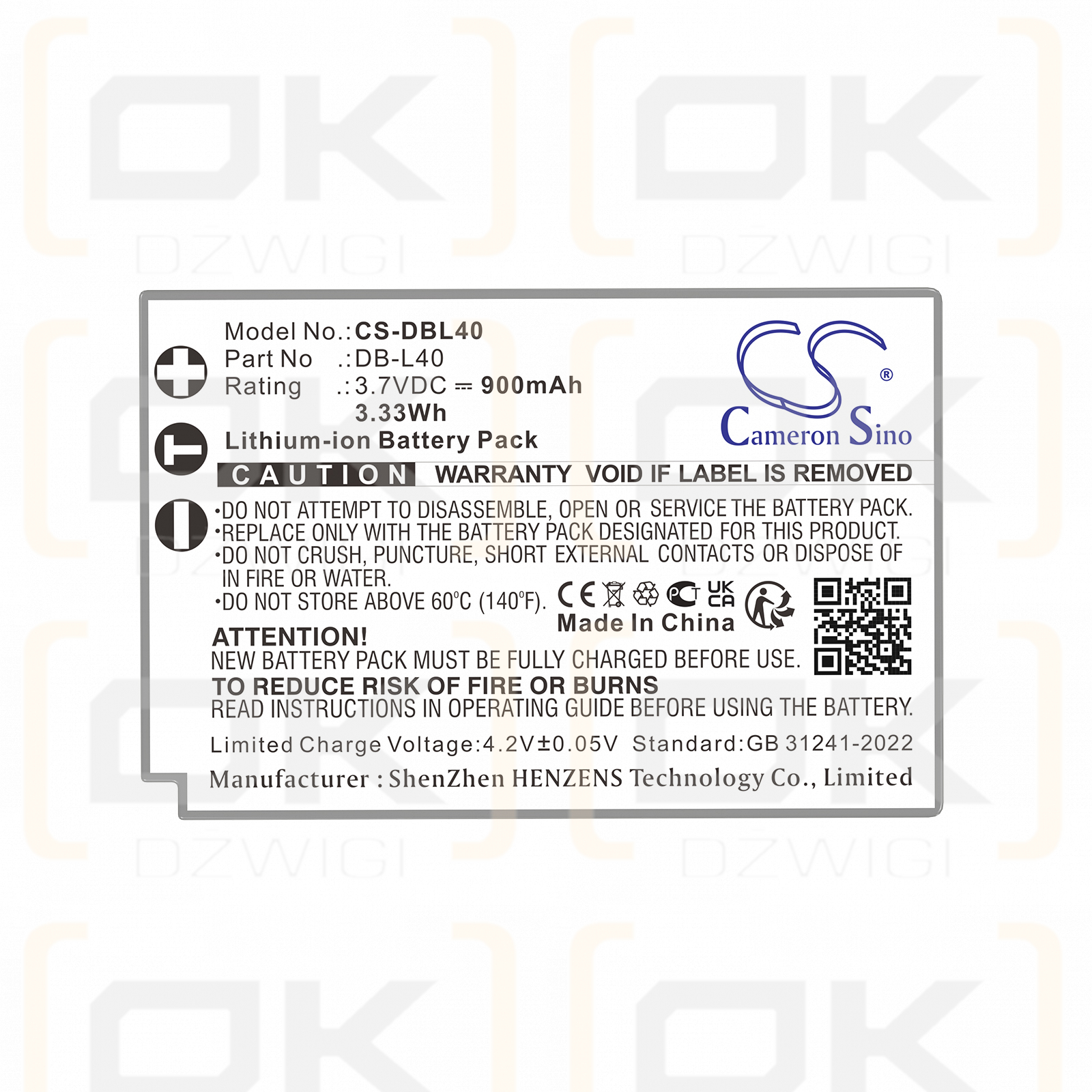 Sanyo Xacti DMX-HD1 / DB-L40 900mAh Li-ion 3.7V (Cameron Sino)