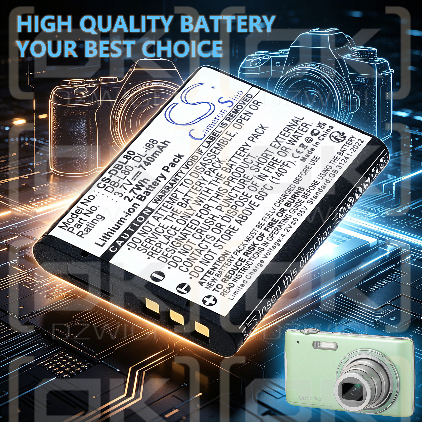 Batería de repuesto para Toshiba Camileo SX500 / PX1686U, 740 mAh, iones de litio, 3,7 V (Cameron Sino)
