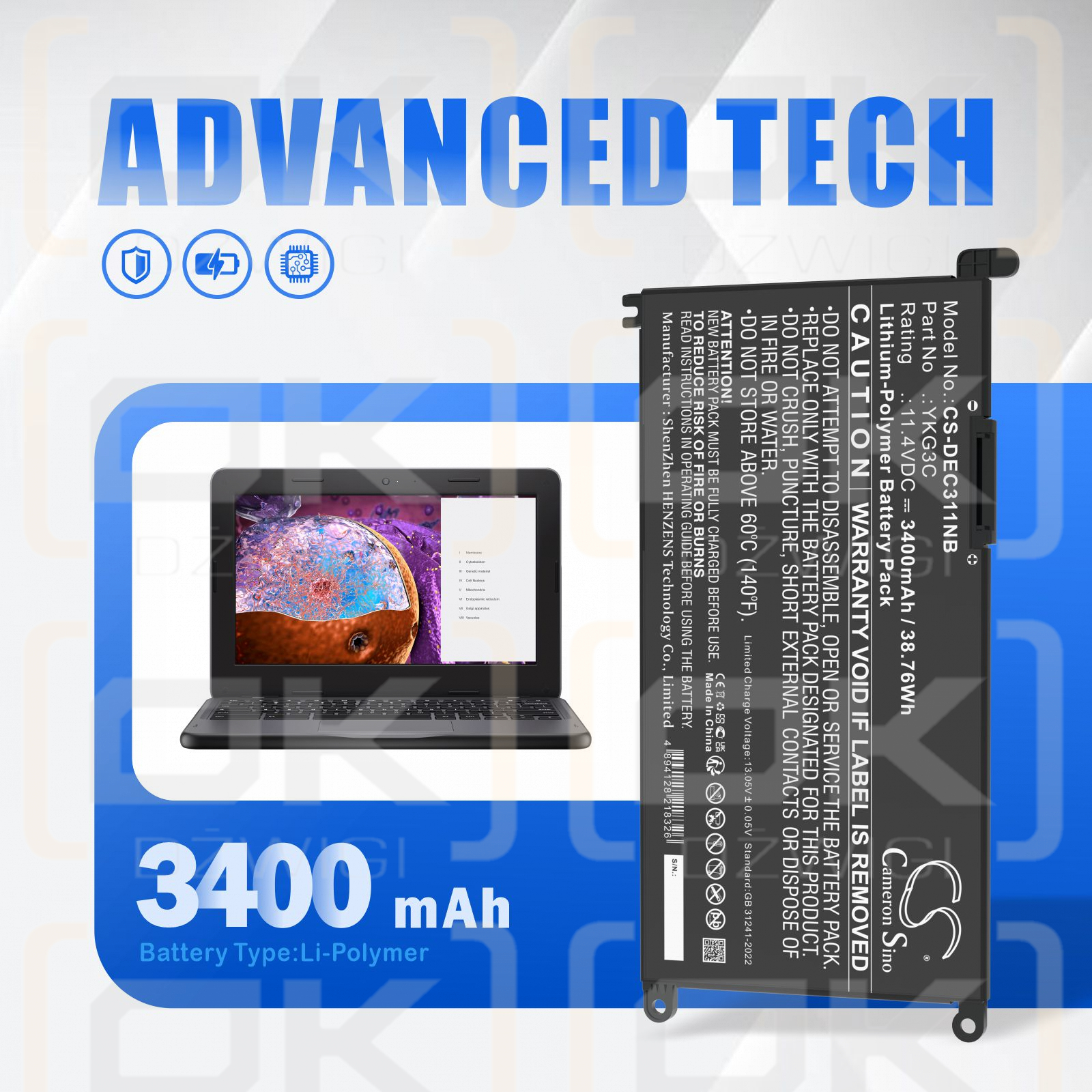 DELL Chromebook 3110 2-in-1 / 0YKG3C 3400 mAh Li-Polymer 11,4 V (Cameron Sino)
