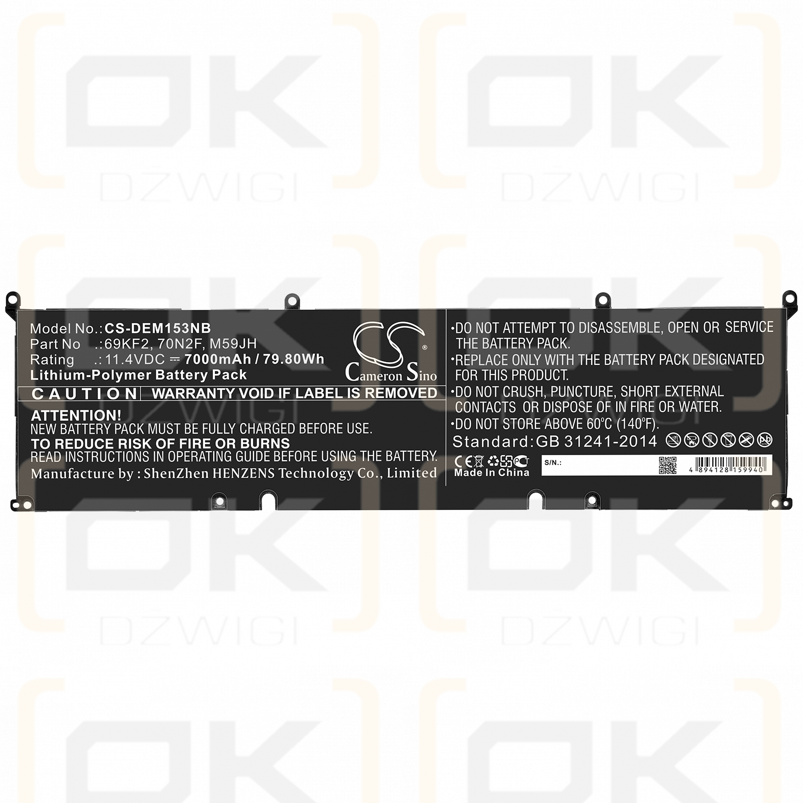 DELL XPS 15 9500 / 69KF2 7000 mAh Li-Polymer 11,4 V (Cameron Sino)