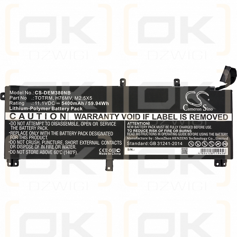 DELL XPS 15 9530-4883 / TOTRM 5400mAh Li-polímero 11.1V (Cameron Sino)