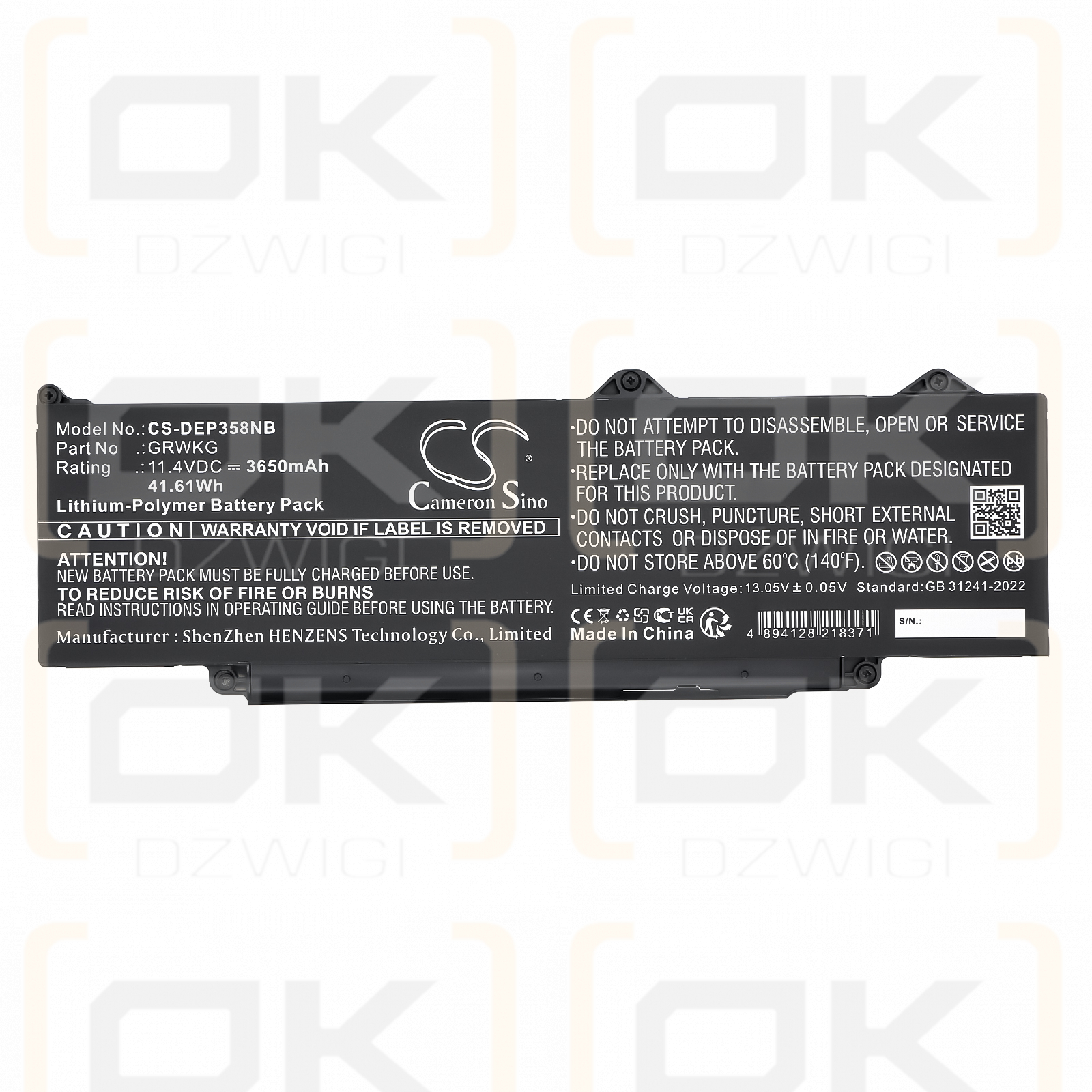 DELL Precision 15 3580 JHH2C / GRWKG 3650 mAh Li-Polymer 11,4 V (Cameron Sino)