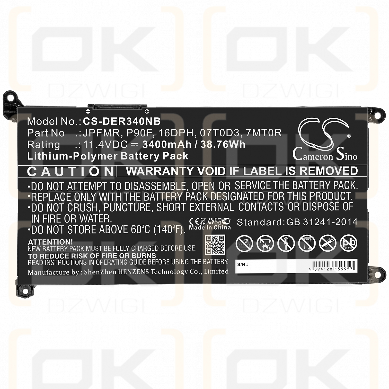 DELL Inspiron 15 3505-PXHPW / P90F 3400mAh Li-Polymer 11.4V (Cameron Sino)