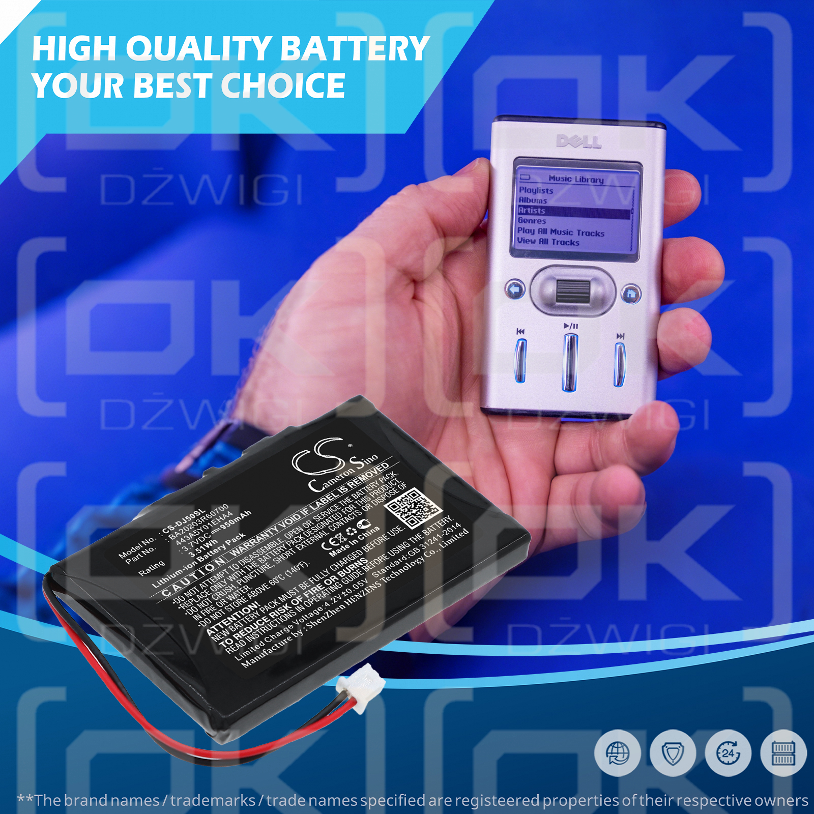 Batería Dell Jukebox HVD3T / BA20203R60700 de 950 mAh, ion de litio y 3,7 V (Cameron Sino)