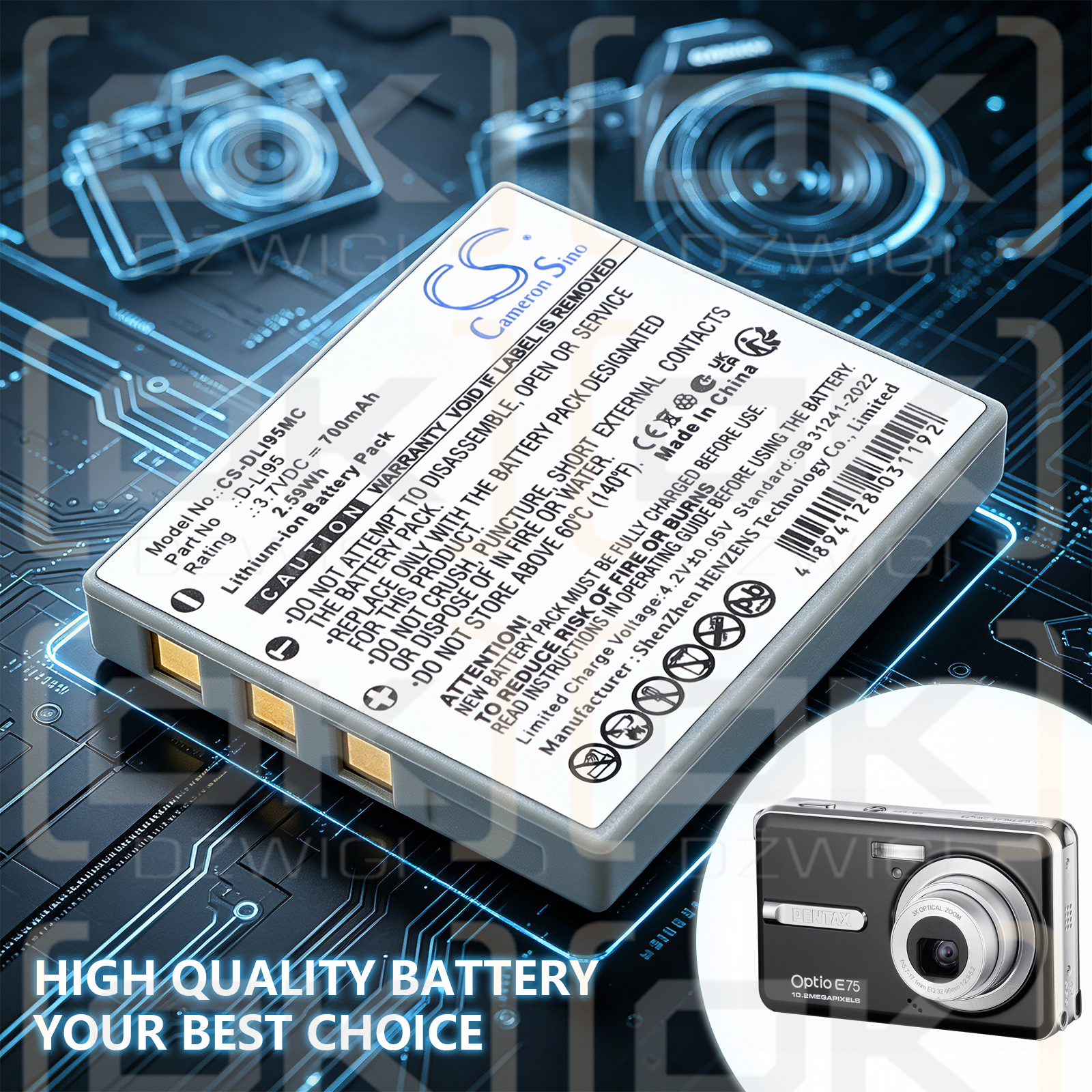 Ersatzakku für Pentax Optio E85 / D-LI95 700 mAh Li-Ion 3,7 V (Cameron Sino)
