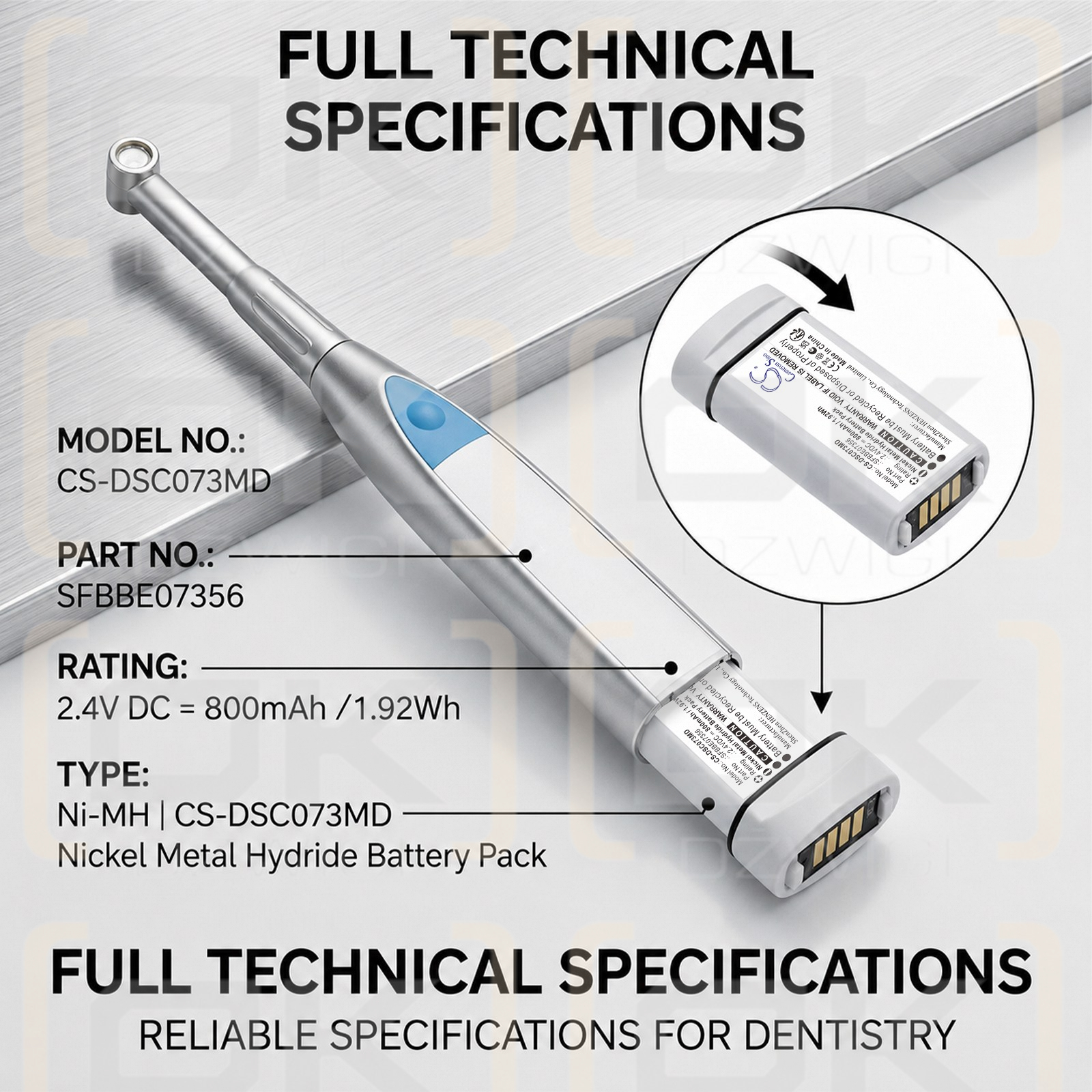 Сменный аккумулятор для Dentsply SmartLite Focus / SFBB100674 800 мАч Ni-MH 2,4 В (Cameron Sino)