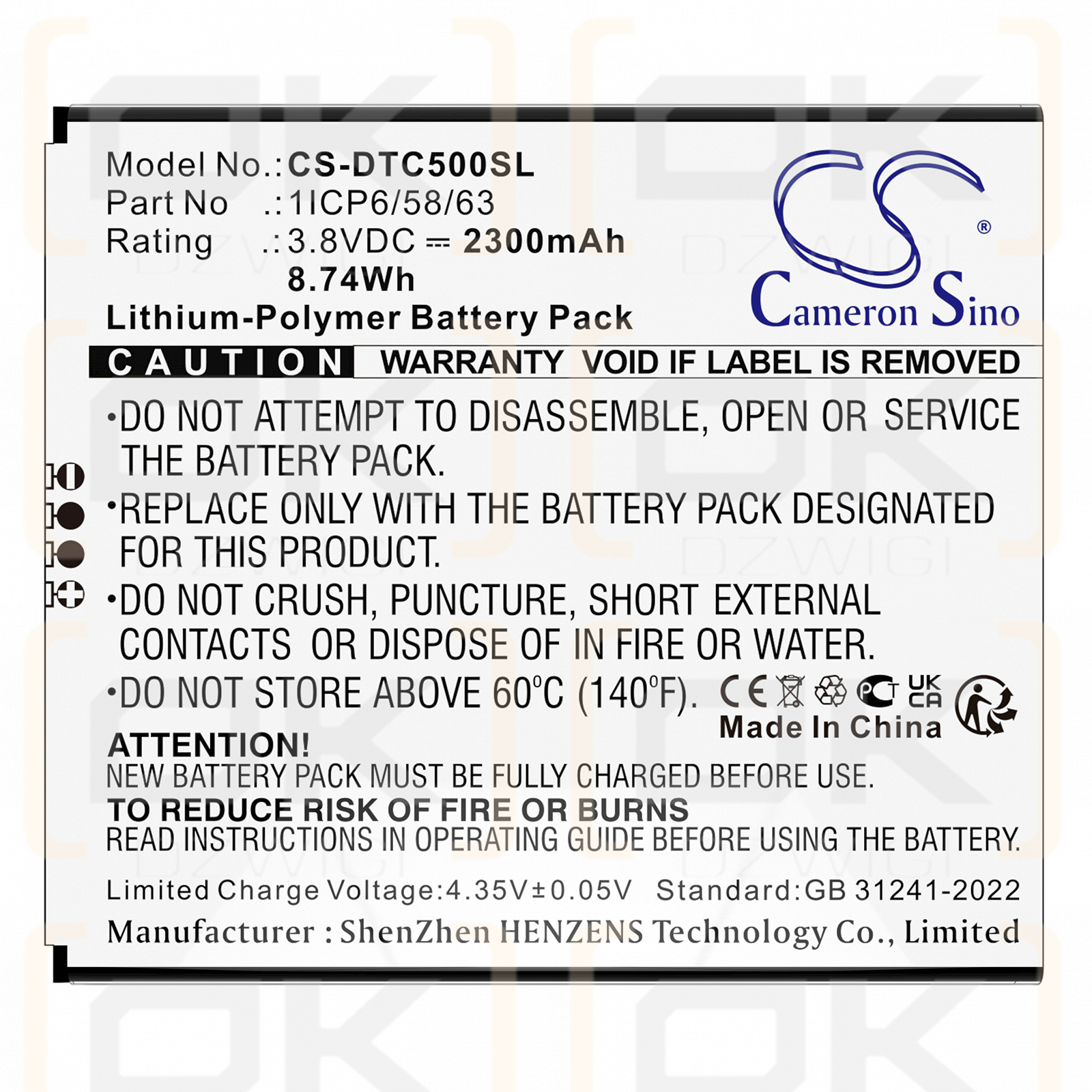 DATECS BluePad 5500 Plus / 1ICP6/58/63 2300mAh Li-Polymer 3.8V (Cameron Sino)