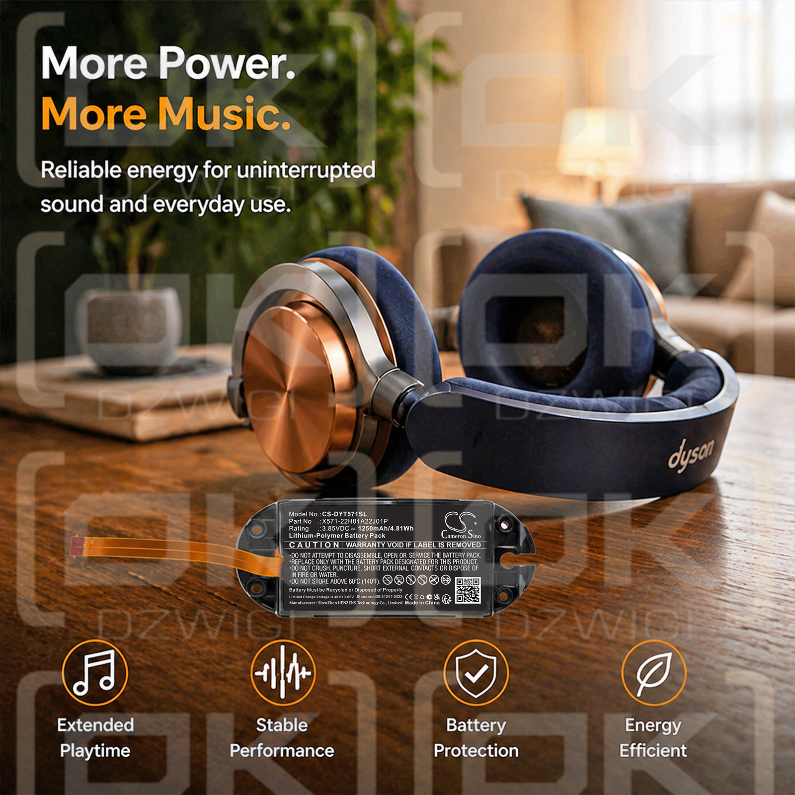 Ersatzakku für Dyson OnTrac Kopfhörer / X571-22H01A22J01P 1250 mAh Li-Polymer 3,85 V (Cameron Sino)