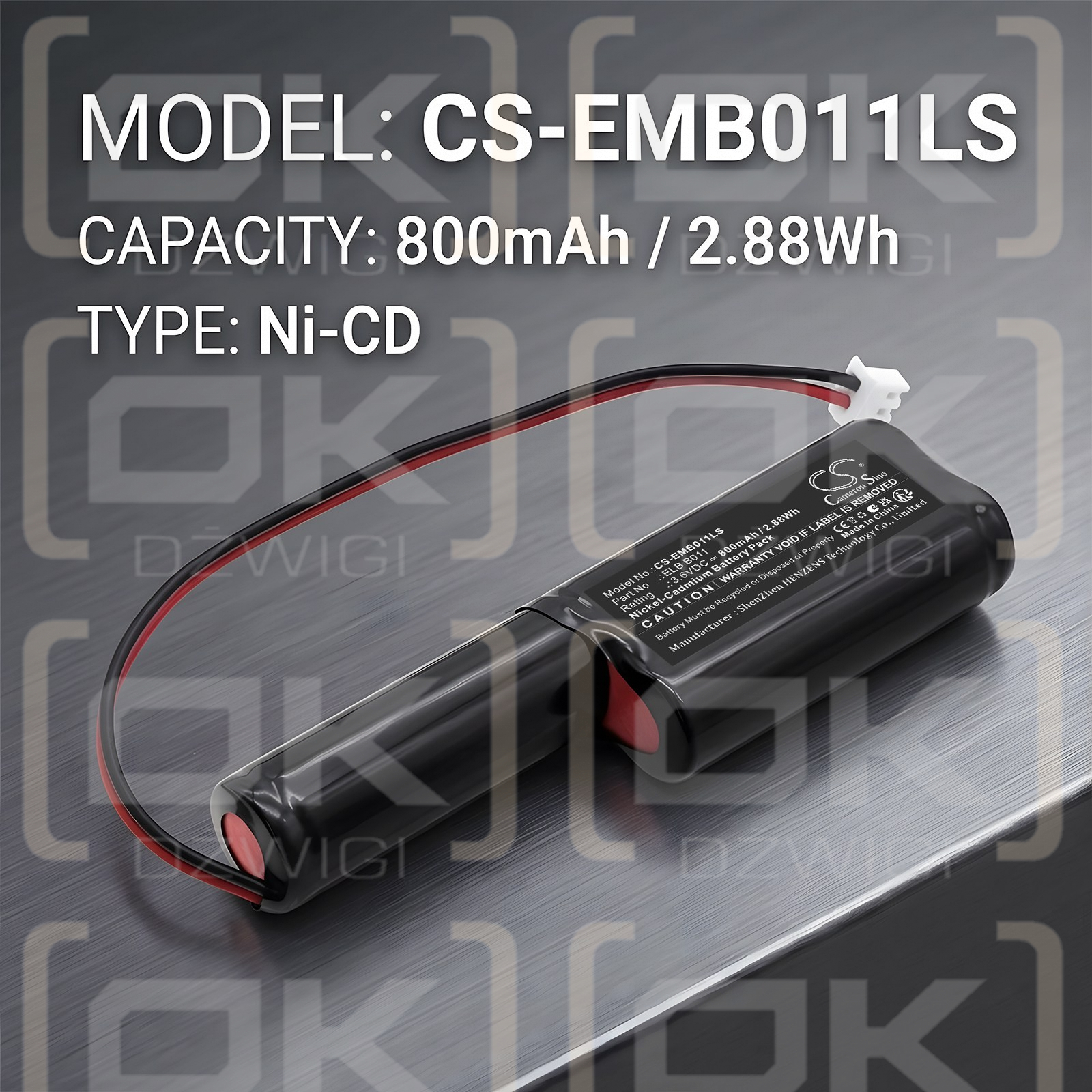 Batería de repuesto para Lithonia ELB B011 800mAh Ni-CD 3.6V (Cameron Sino)