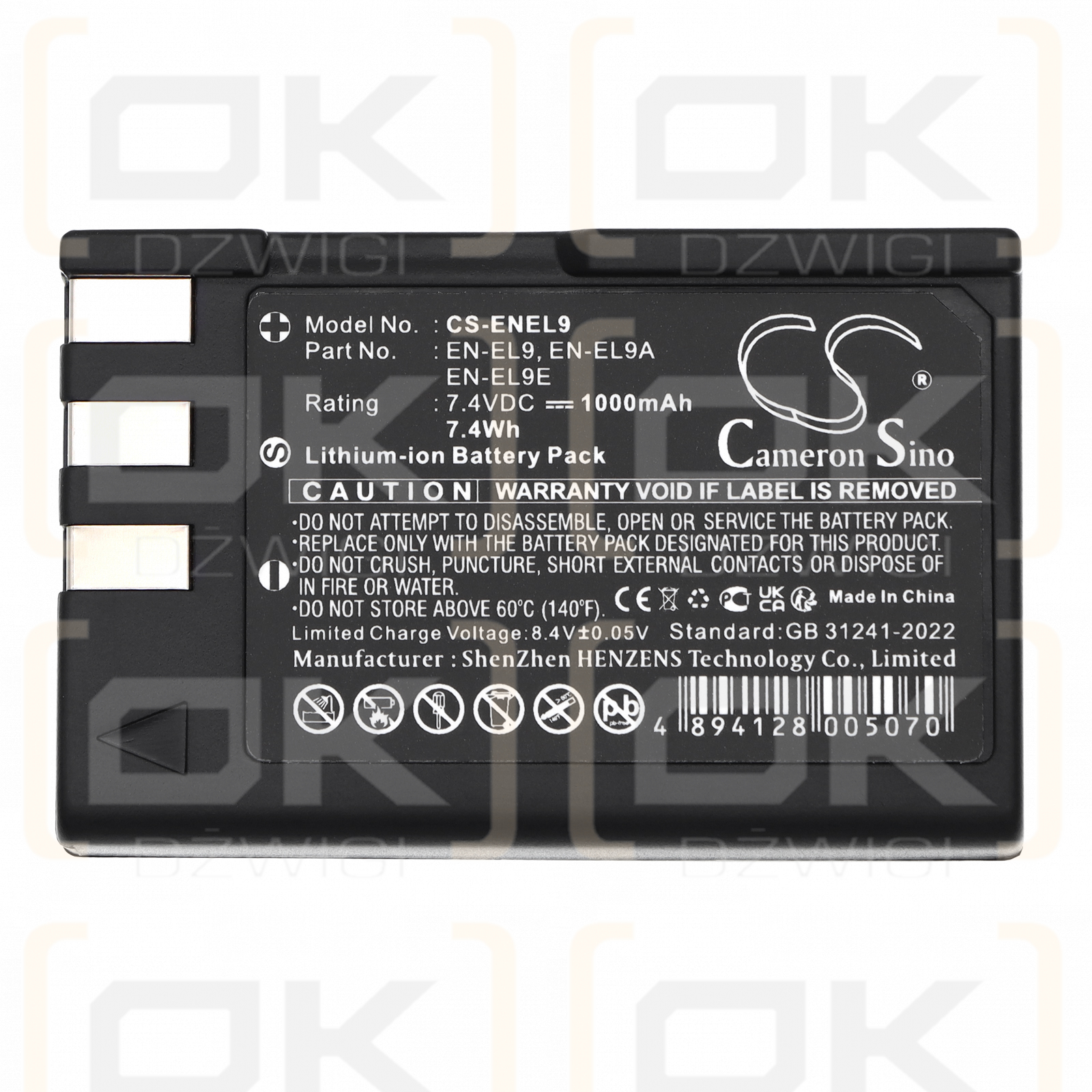 NiKon D60 / EN-EL9 1000 mAh Li-ion 7.4 V (Cameron Sino)