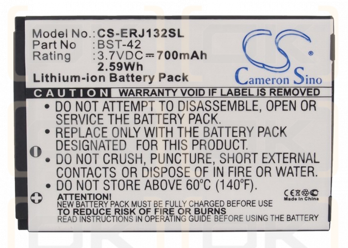 Batería de repuesto para Sony Ericsson J132i / BST-42, 700 mAh, iones de litio, 3,7 V (Cameron Sino)
