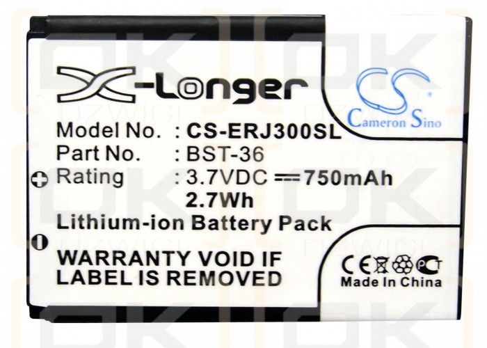 Batería de repuesto para Sony Ericsson T270 / BST-36, 750 mAh, iones de litio, 3,7 V (Cameron Sino)