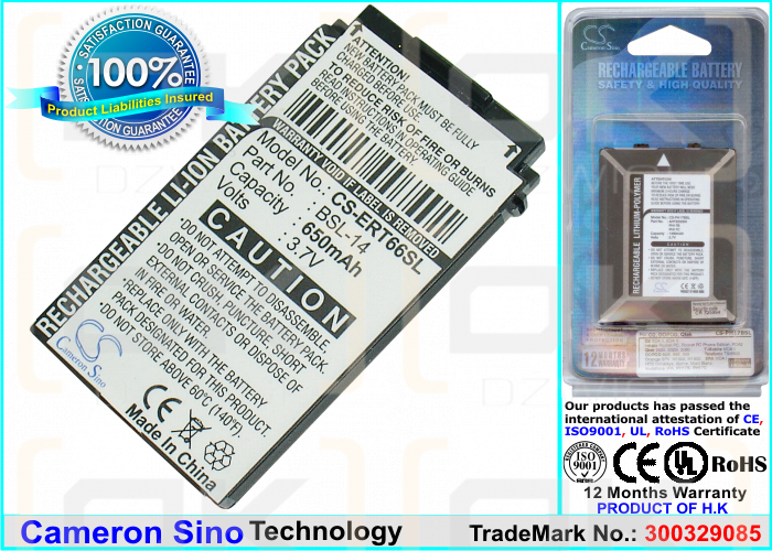 Batería de repuesto para Sony Ericsson T66 / BSL-14, 650 mAh, iones de litio, 3,7 V (Cameron Sino)