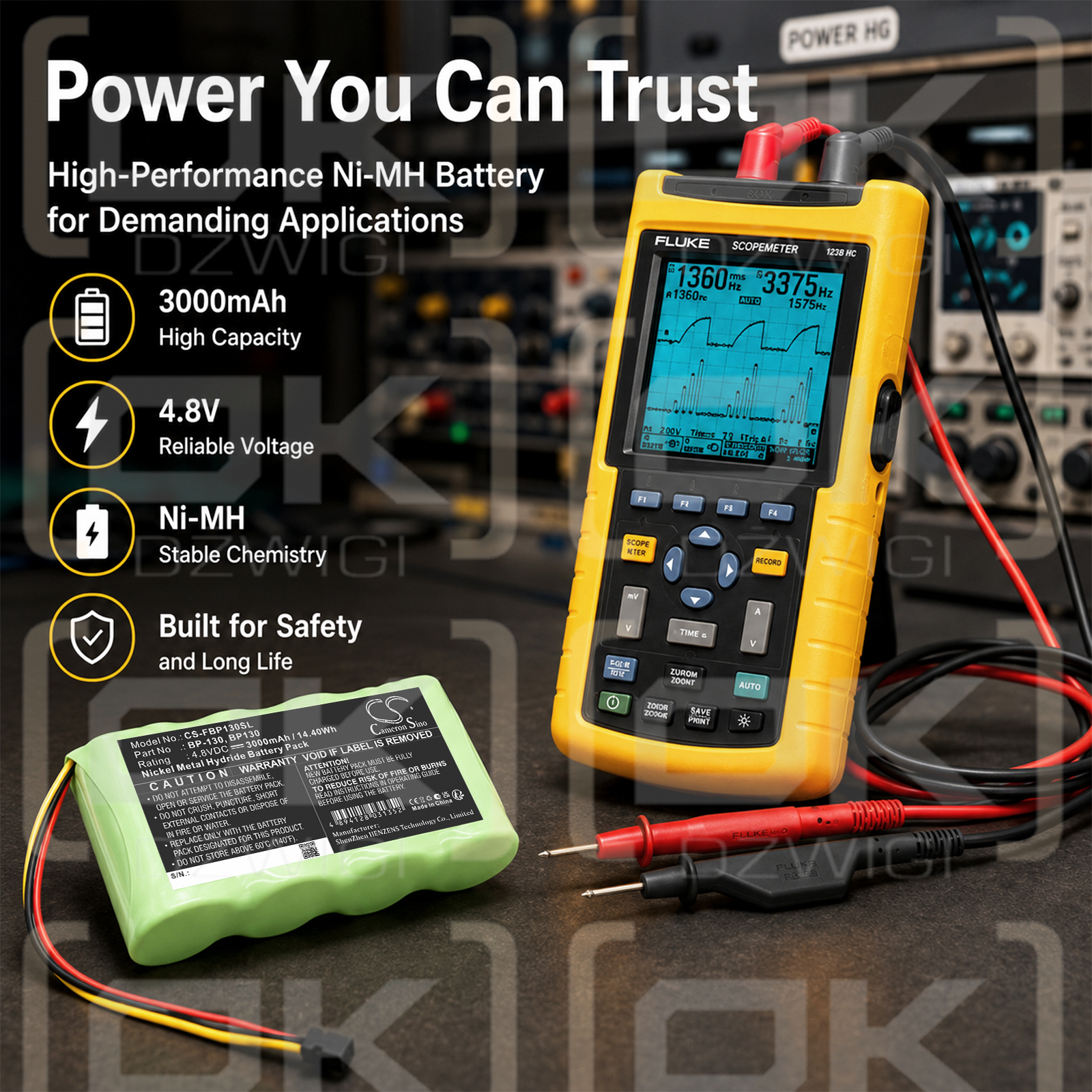 Сменная батарея для прибора Fluke ScopeMeter 123S / BP130 3000 мАч Ni-MH 4,8 В (Cameron Sino)
