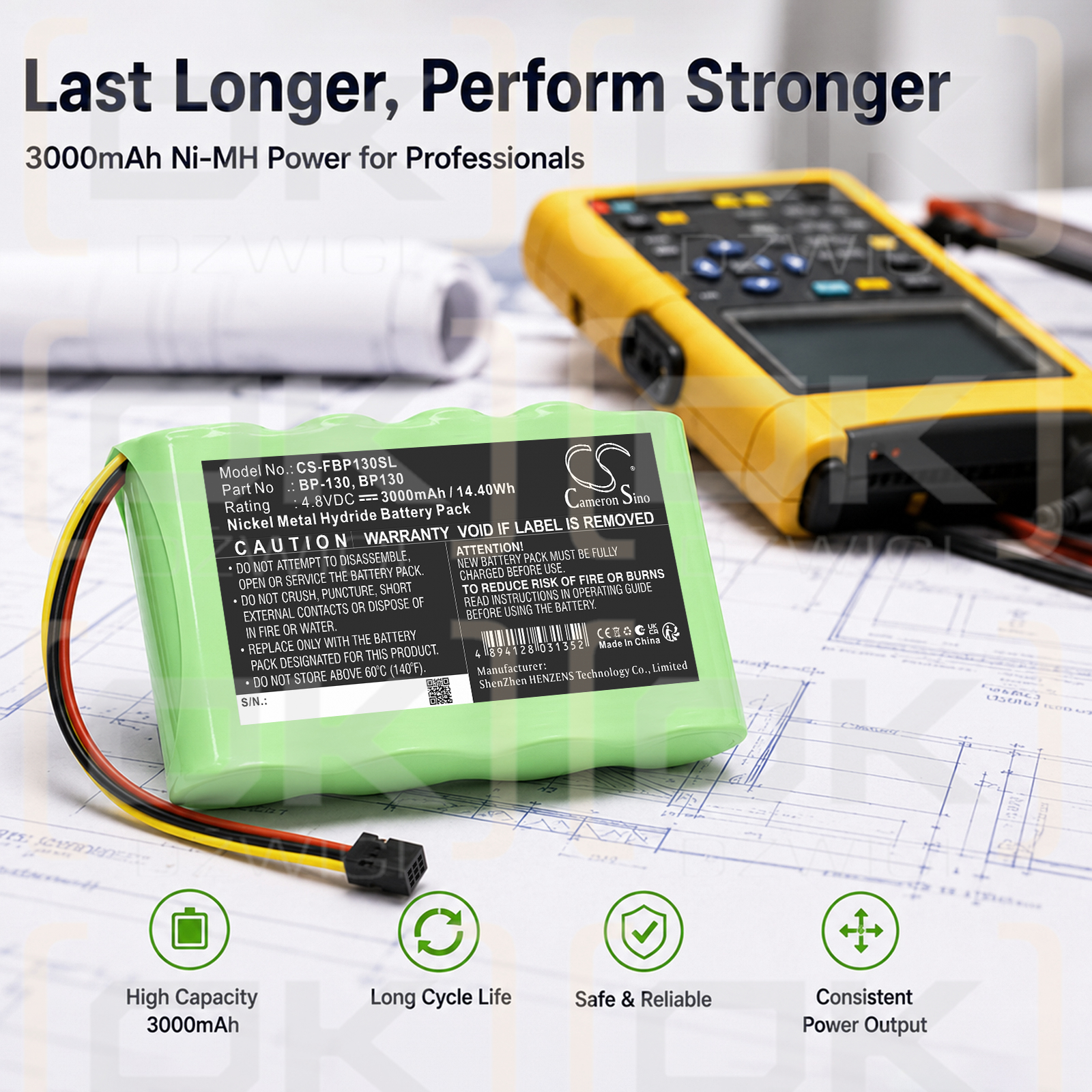 Сменная батарея для прибора Fluke ScopeMeter 123S / BP130 3000 мАч Ni-MH 4,8 В (Cameron Sino)