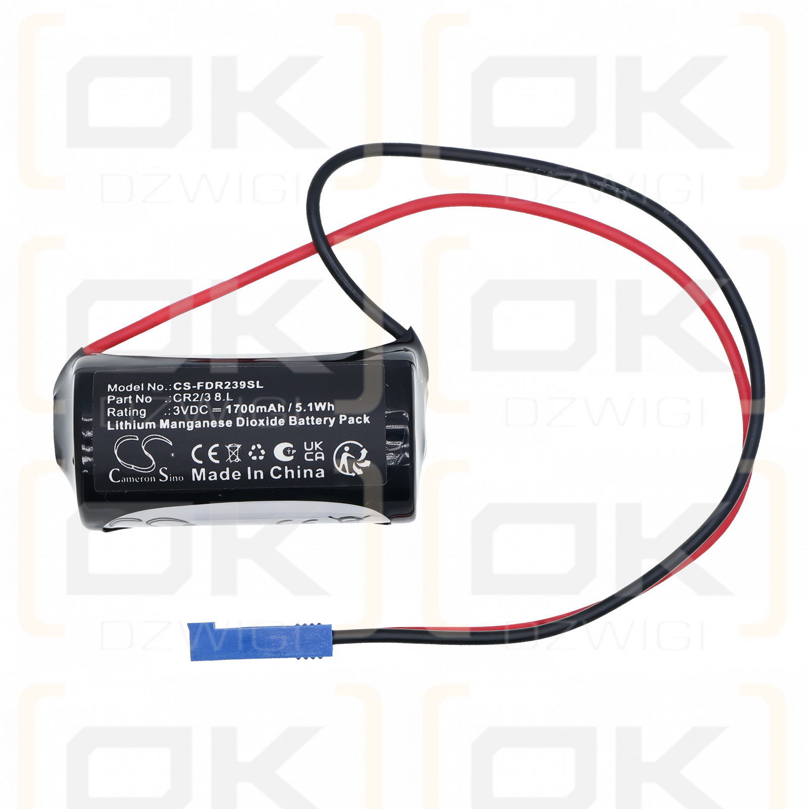 Replacement battery for FDK CR2/3 8.L (With BERG-2P connector) 1700 mAh Li-MnO2 3 V (Cameron Sino)