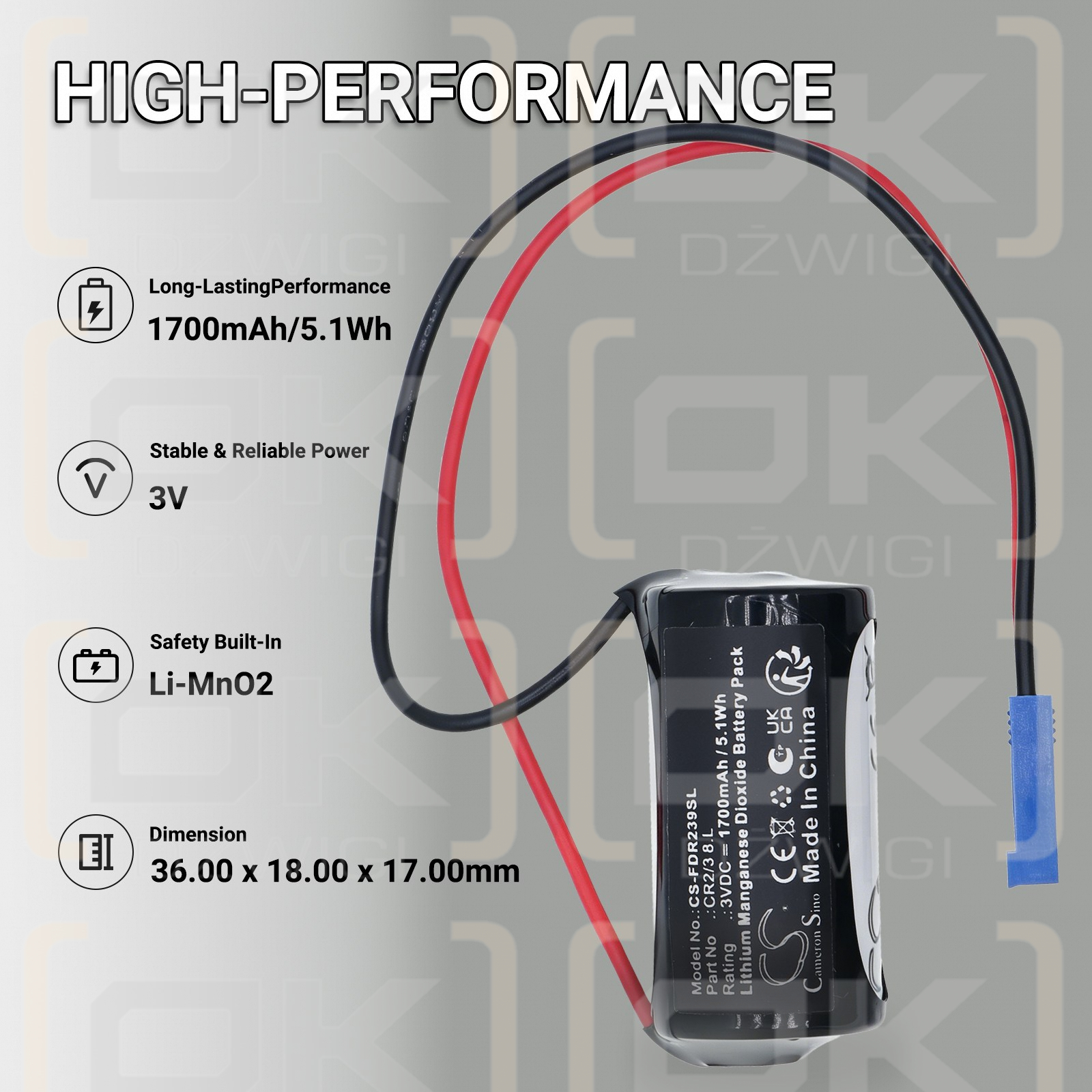 Replacement battery for FDK CR2/3 8.L (With BERG-2P connector) 1700 mAh Li-MnO2 3 V (Cameron Sino)