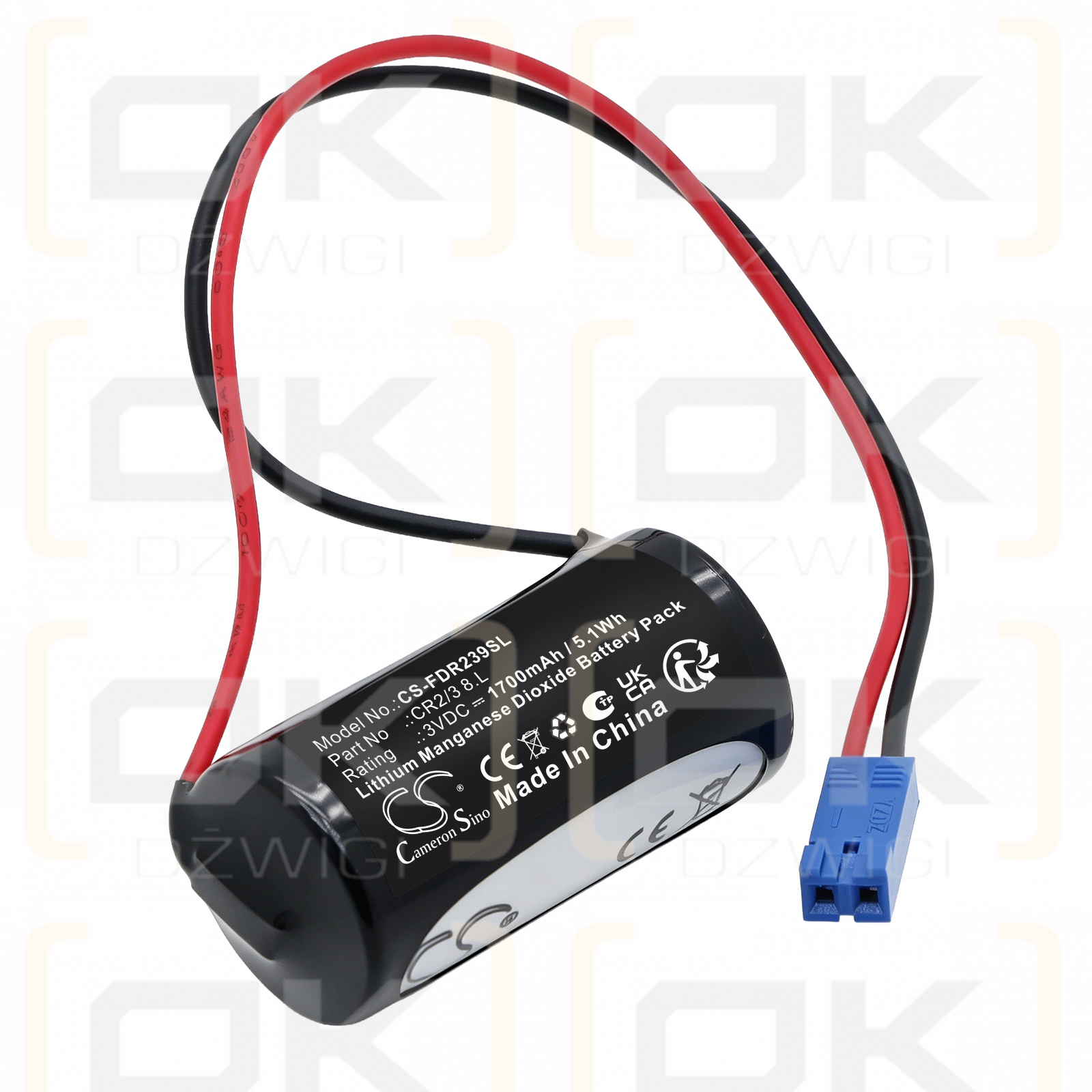 Replacement battery for FDK CR2/3 8.L (With BERG-2P connector) 1700 mAh Li-MnO2 3 V (Cameron Sino)