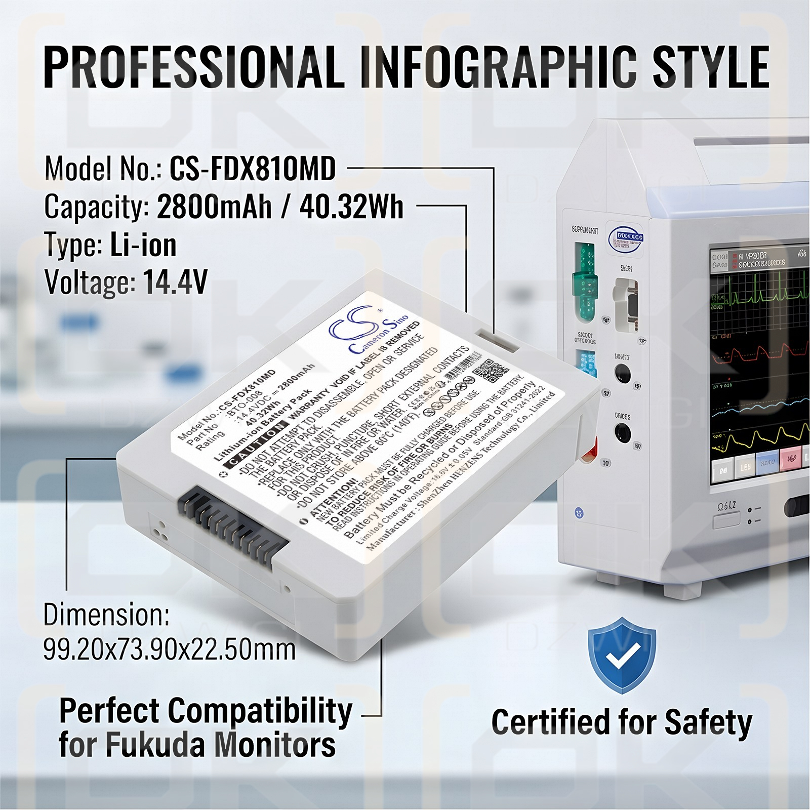 Сменный аккумулятор для монитора Fukuda Denshi DS8100 / BTO-008 2800 мАч Li-ion 14,4 В (Cameron Sino)