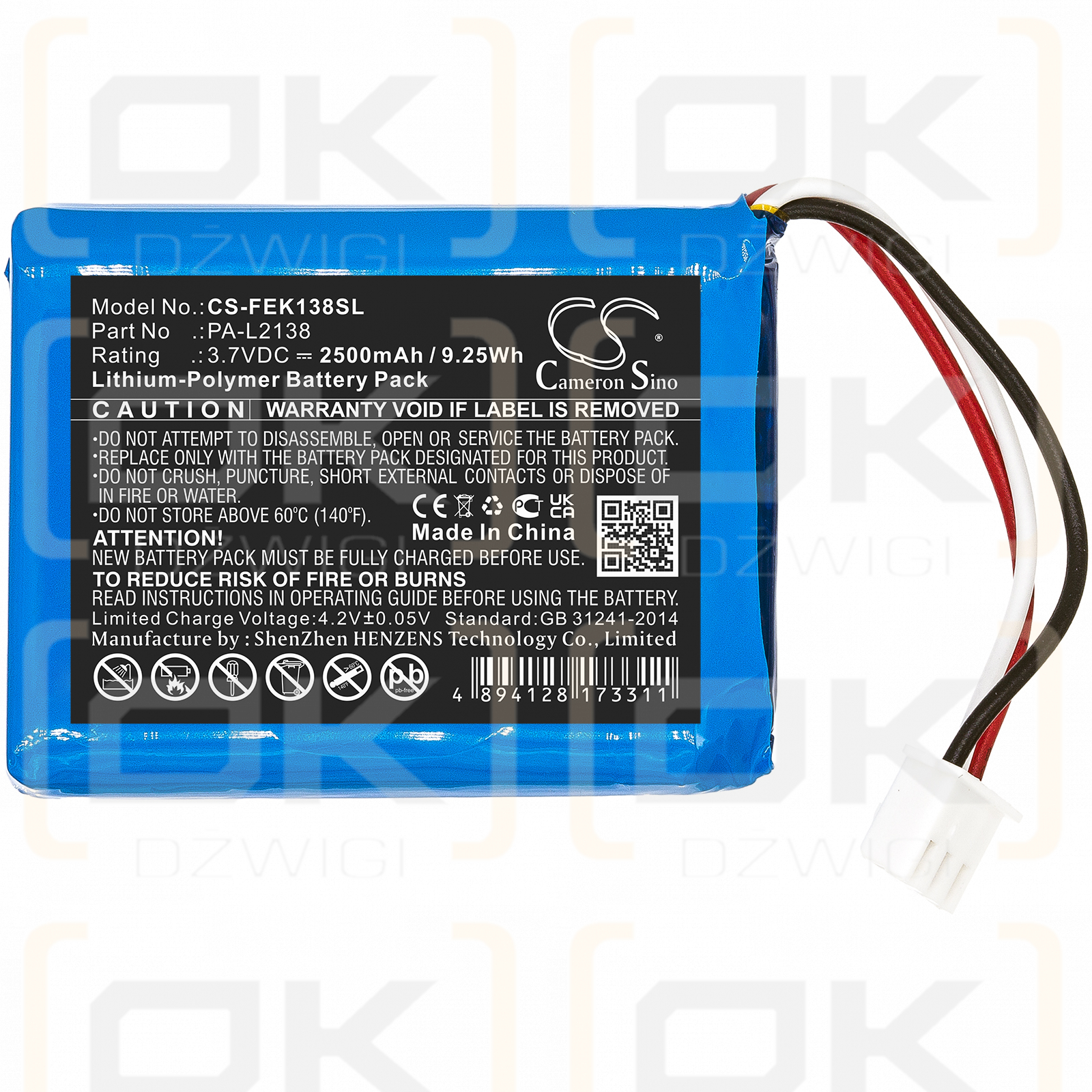 Fey Elektronik PA-L2138 2500mAh Li-Polymer 3.7V (Cameron Sino)