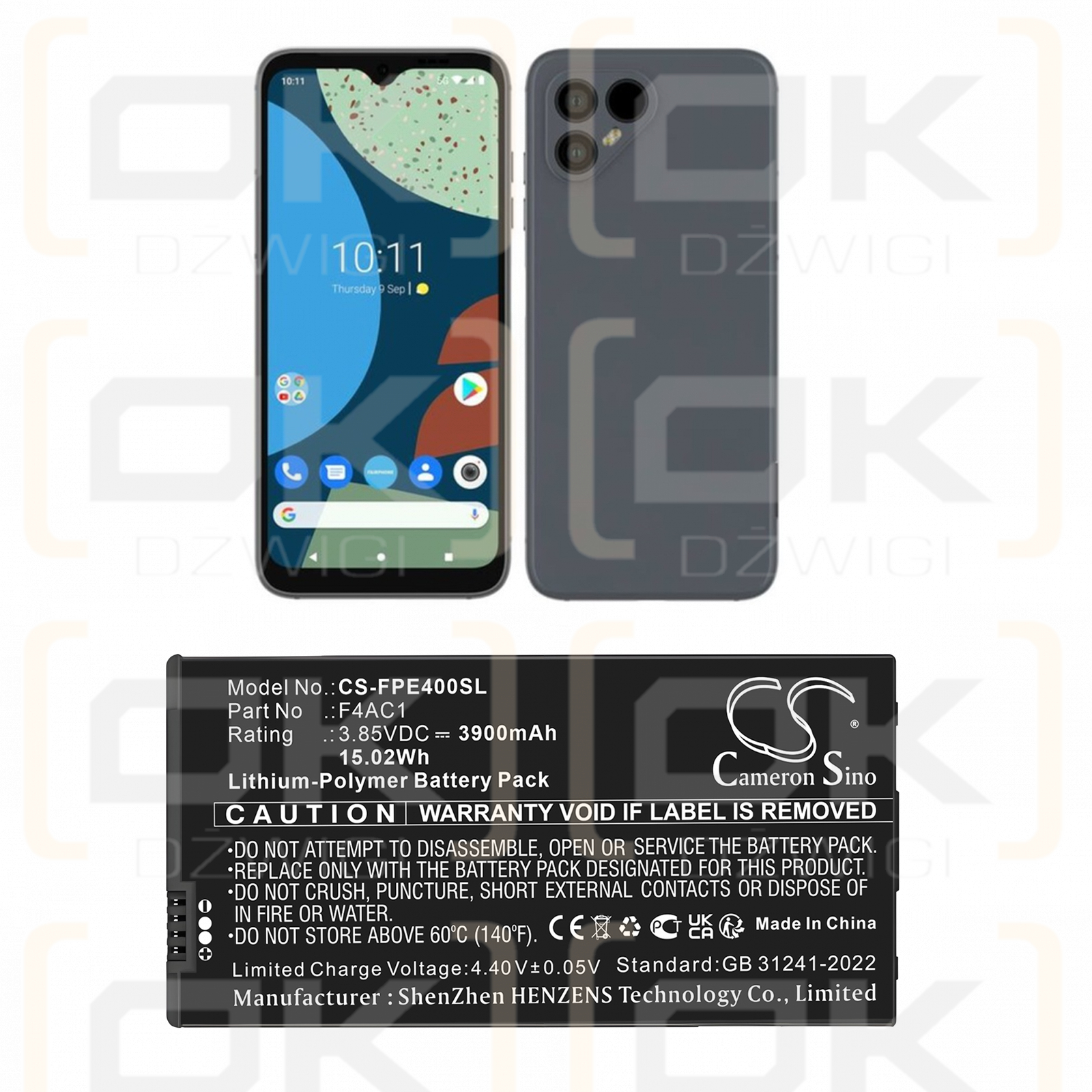 Batería Fairphone 4/F4AC1 de polímero de litio de 3900 mAh y 3,85 V (Cameron Sino)