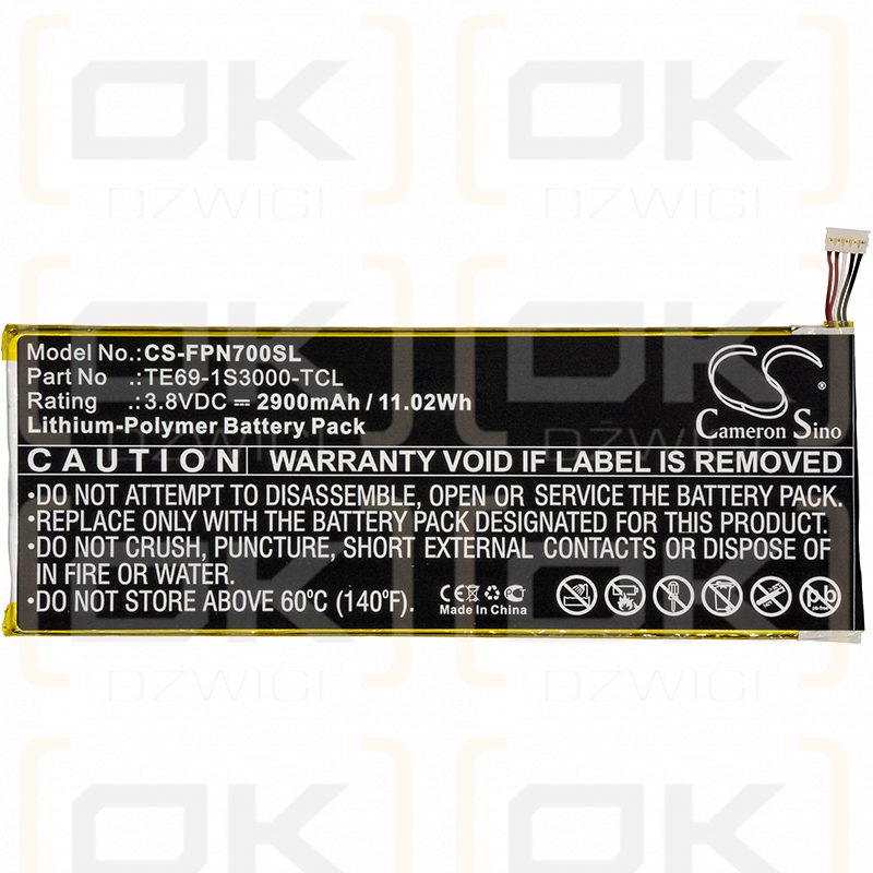 FisherPrice NBFP07PMKG / TE69-1S3000-TCL Batería de polímero de litio de 2900 mAh y 3,8 V (Cameron Sino)