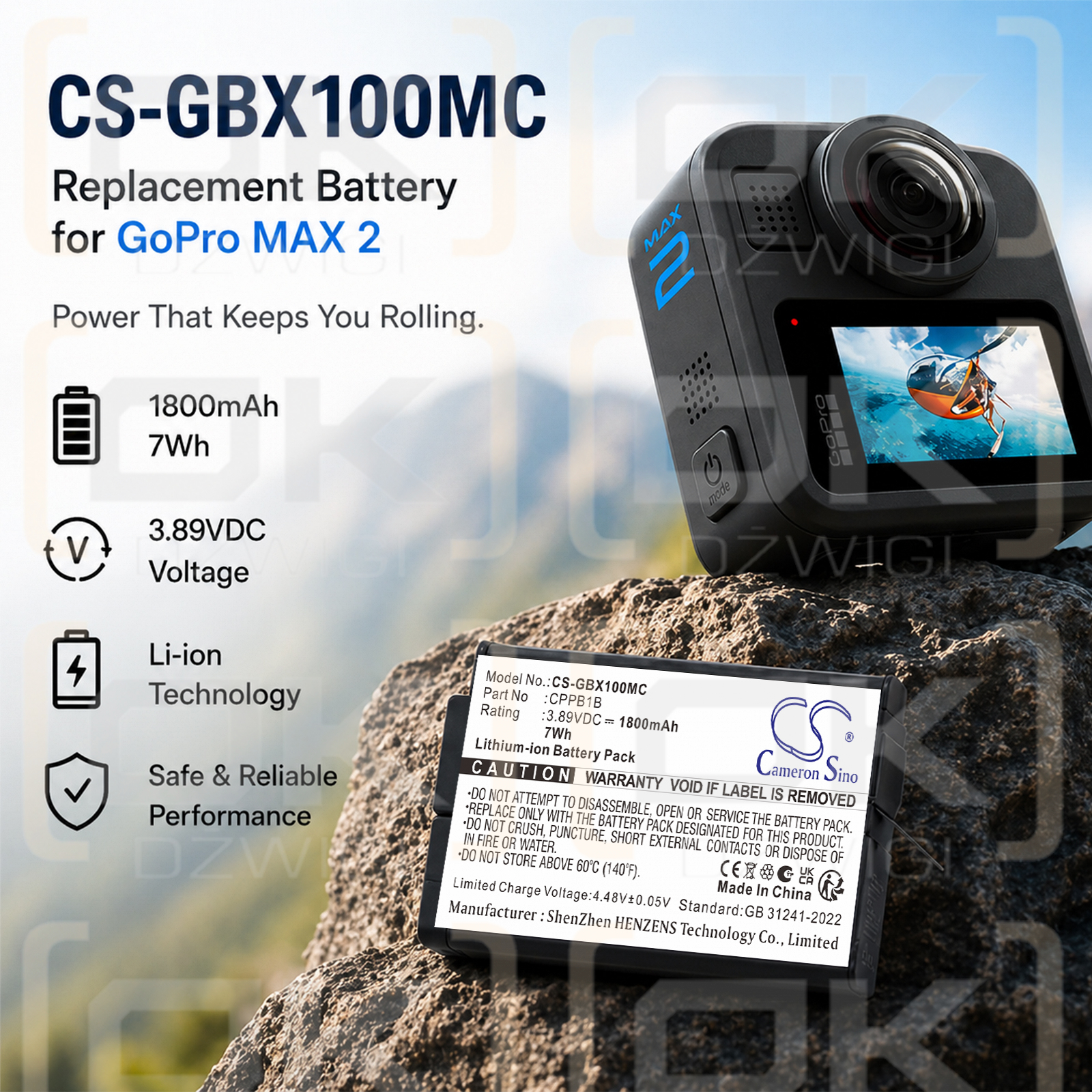 Replacement Battery for GoPro MAX2 / CPPB1B 1800mAh Li-ion 3.89V (Cameron Sino)