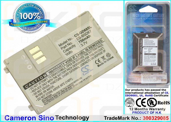Batería de repuesto para Panasonic GD68 / EB-BSD67, 750 mAh, iones de litio, 3,7 V (Cameron Sino)