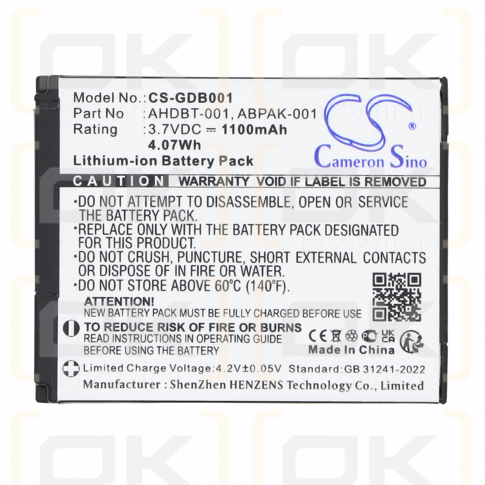 Аккумулятор GoPro Hero 2 HD2-14 / AHDBT-001 литий-ионный 3,7 В 1100 мАч (Cameron Sino)