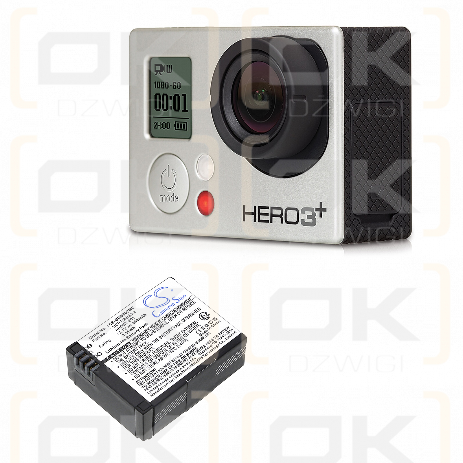 GoPro Hero 03 / AHDBT-201, 950 мАч, литий-ионный аккумулятор, 3,7 В (Cameron Sino)