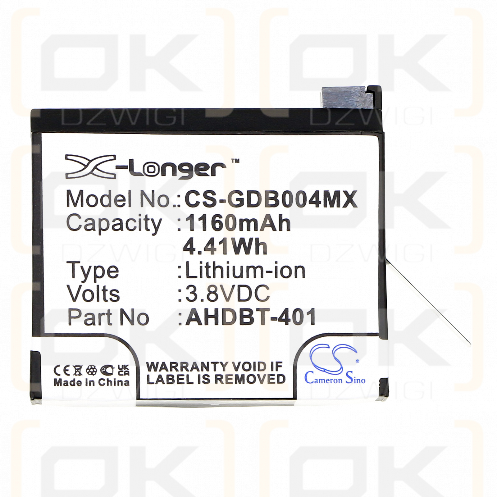 Gopro Hero 4+ / AHDBT-401 1160mAh Li-ion 3.8V (Cameron Sino)