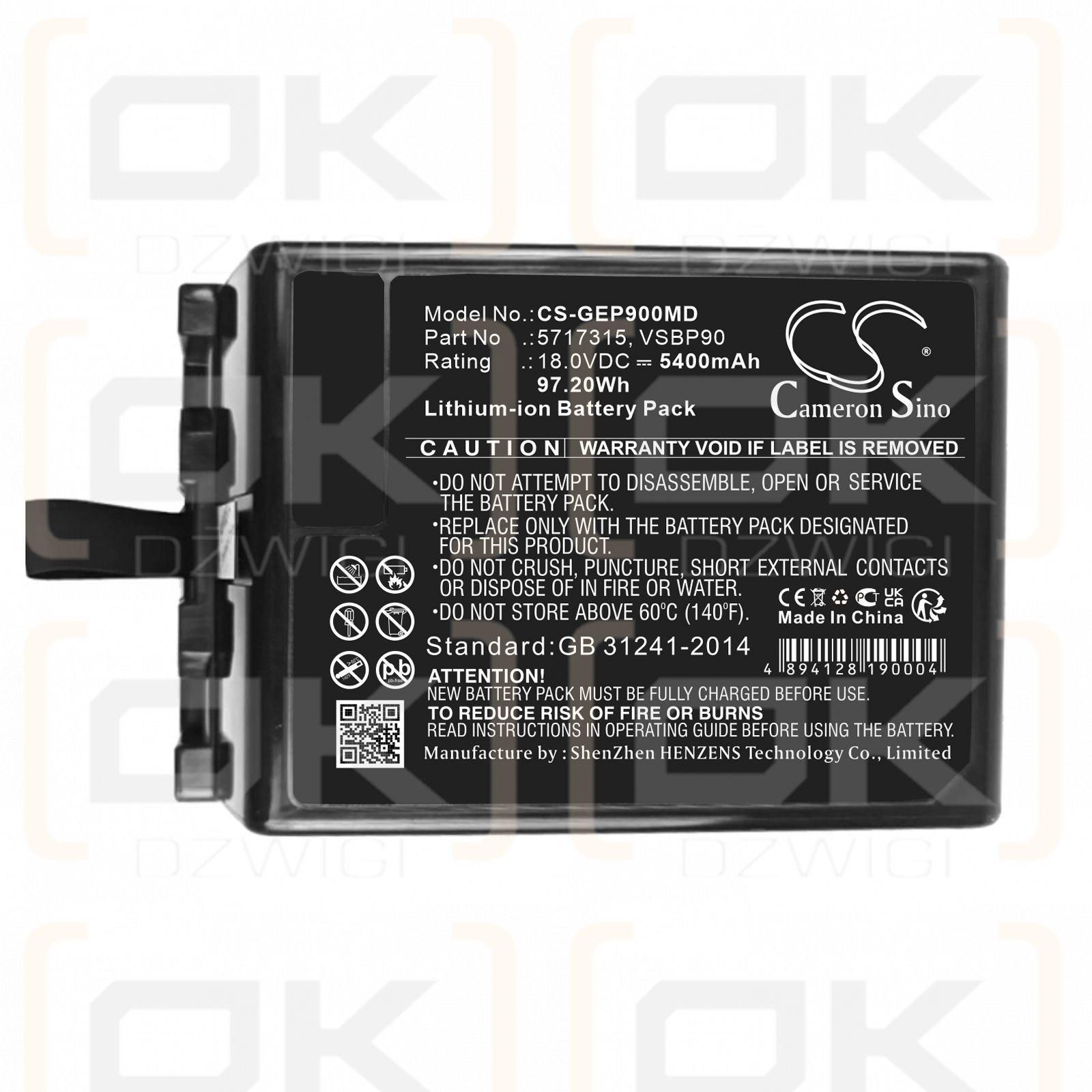 GE Vivid IQ / VSBP90 5400 mAh Li-ion 18 V (Cameron Sino)
