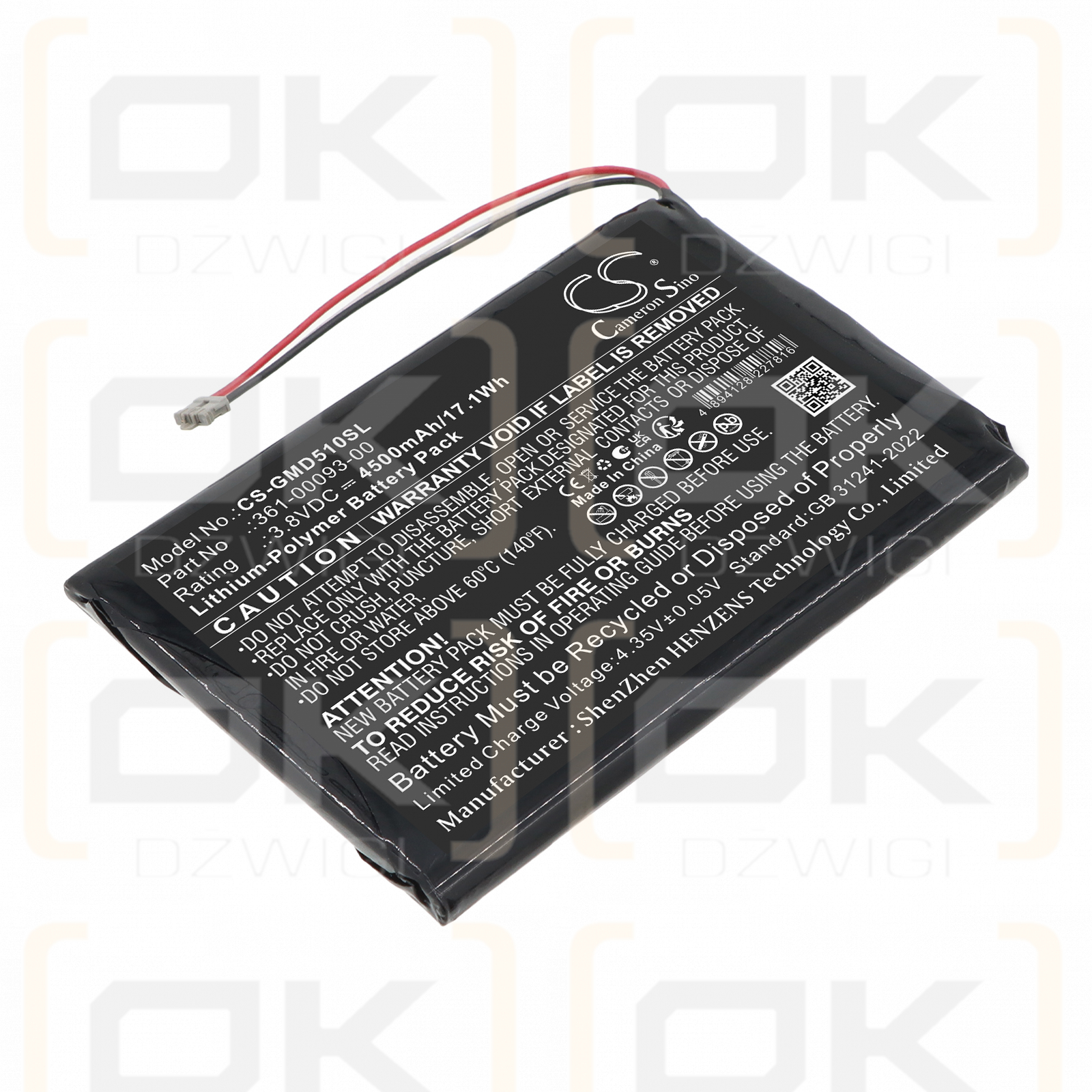 Replacement Battery for Garmin DGL50 / 361-00093-00 4500 mAh Li-Polymer 3.8 V (Cameron Sino)