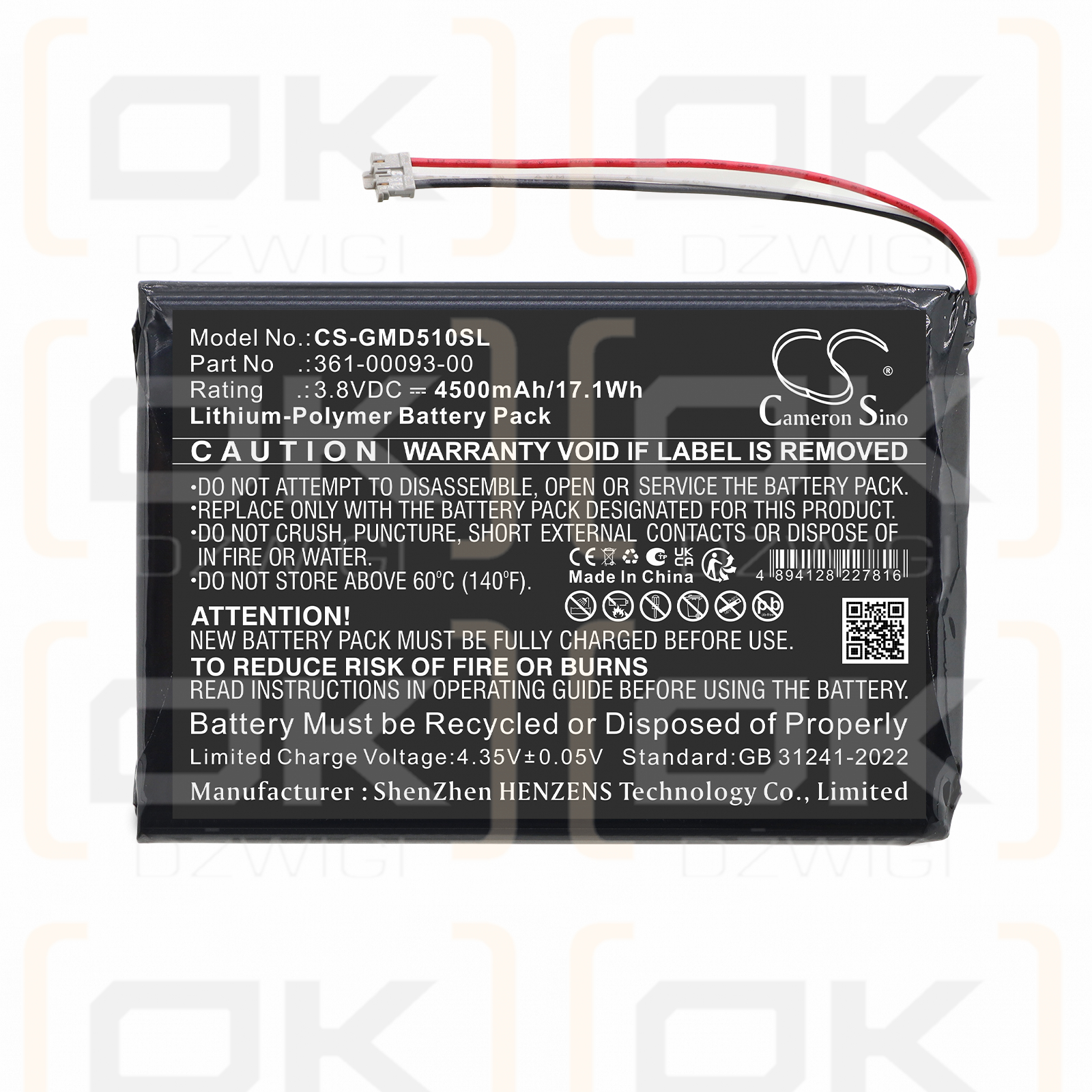 Replacement Battery for Garmin DGL50 / 361-00093-00 4500 mAh Li-Polymer 3.8 V (Cameron Sino)