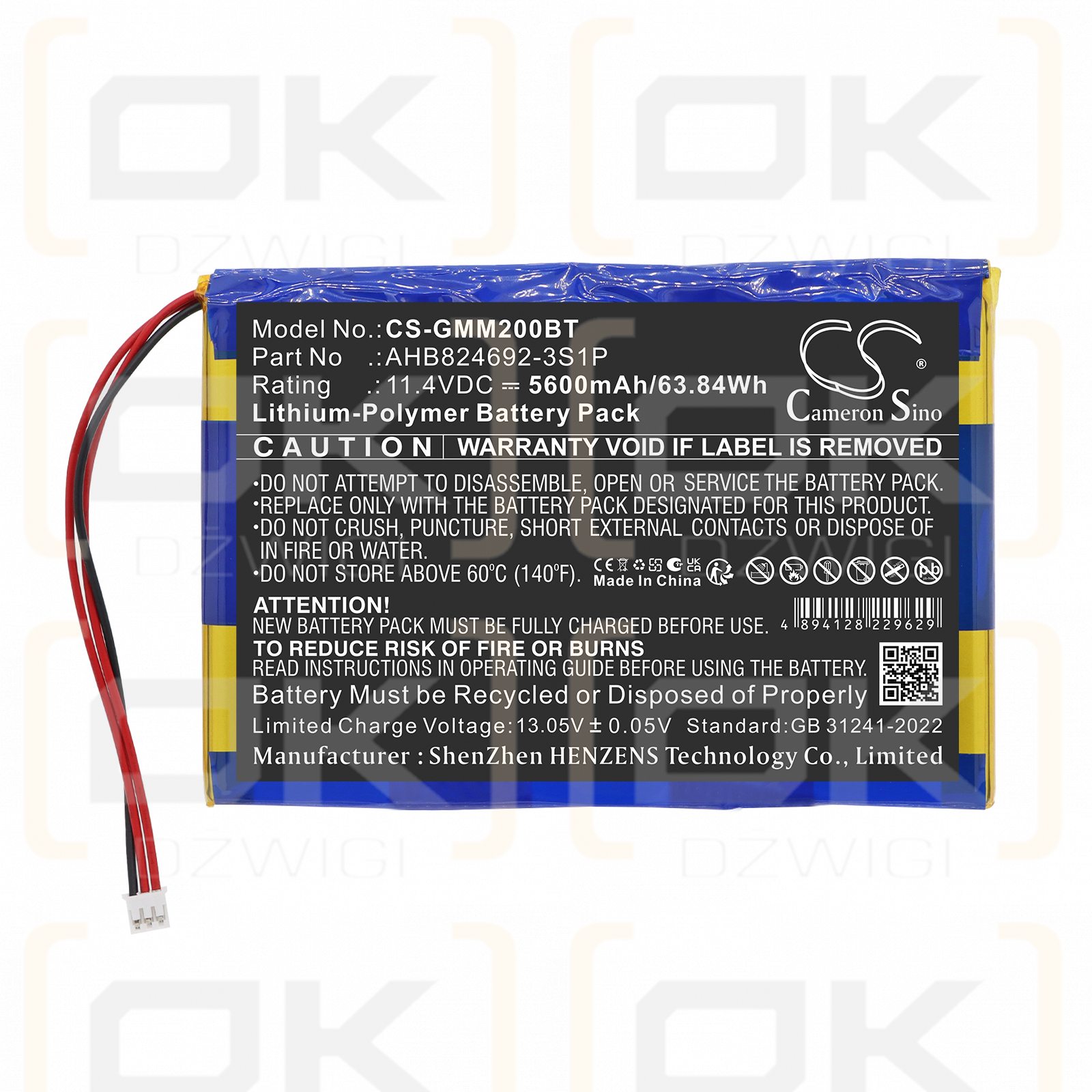 Replacement battery for Golden Media Multibox / AHB824692-3S1P 5600 mAh Li-Polymer 11.4 V (Cameron Sino)