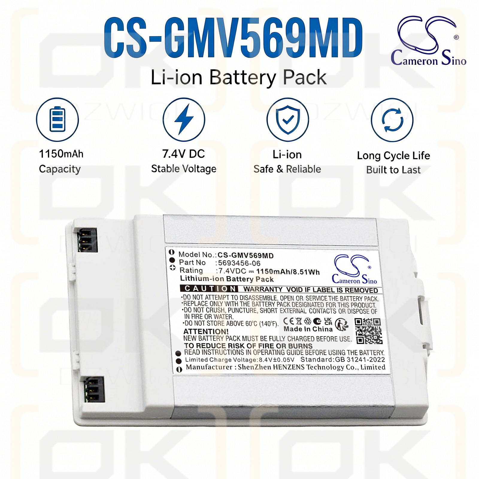 Replacement Battery for GE Vscan EXTend Ultrasound / 5693456 1150 mAh Li-ion 7.4 V (Cameron Sino)