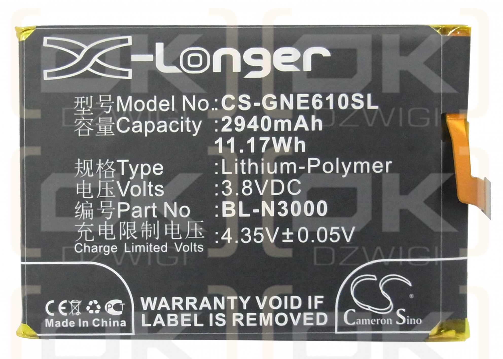 Replacement Battery for GIONEE E6 Mini / BL-N3000 2940 mAh Li-Polymer 3.8 V (Cameron Sino)