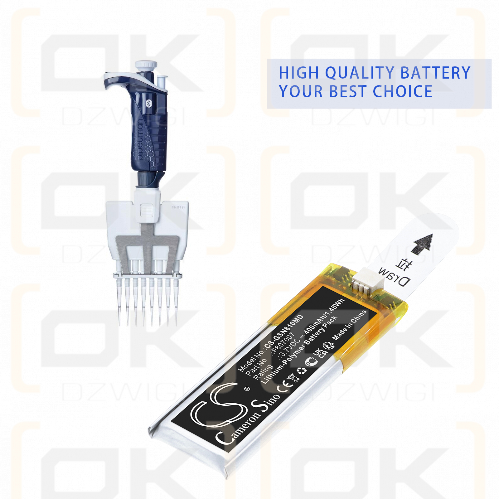 Gilson F81052 PIPETMAN M P8X100M EIGHT CHANNEL 10 - 100 UL DIGITAL PIPETTE / F807007 400 mAh Li-Polymer 3.7 V (Cameron Sino)
