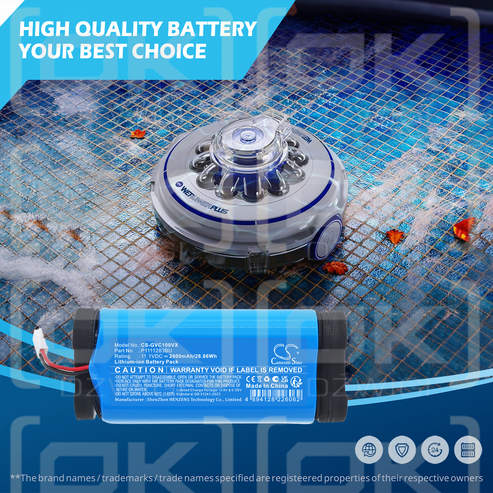 Batería eléctrica GRE Wet Runner RBR120 / P1111283BU de 2600 mAh, ion de litio y 11,1 V (Cameron Sino)