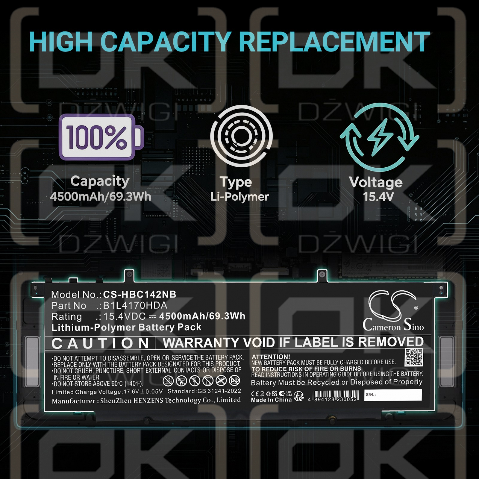 Replacement Battery for H3C Book Ultra 14T G2 / B1L4170HDA 4500mAh Li-Polymer 15.4V (Cameron Sino)