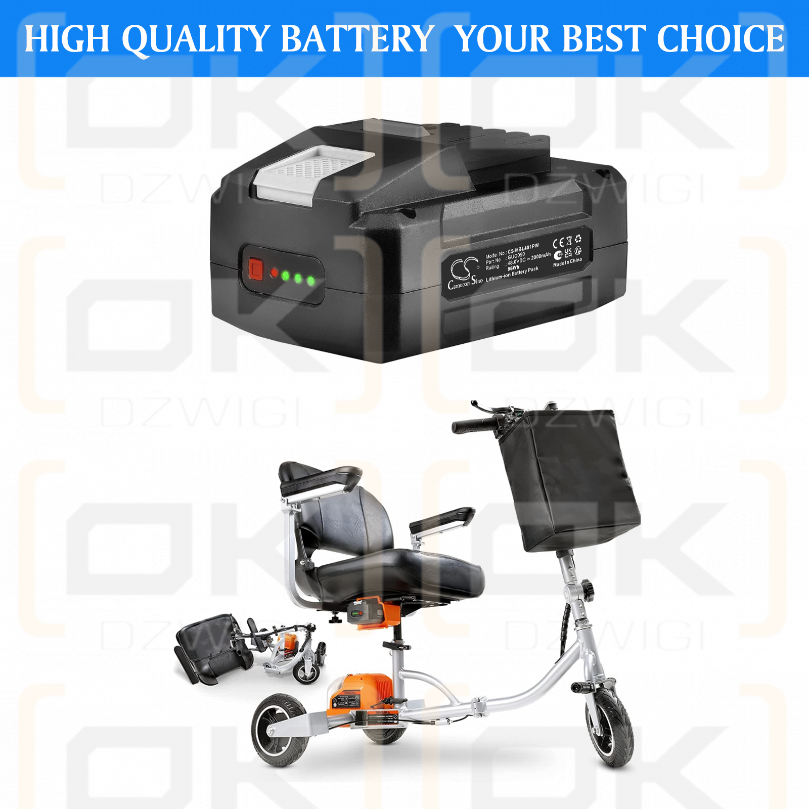 SuperHandy 3 Wheel Power Mobility Scooter /  GUO050 2000 mAh Li-ion 48 V (Cameron Sino)