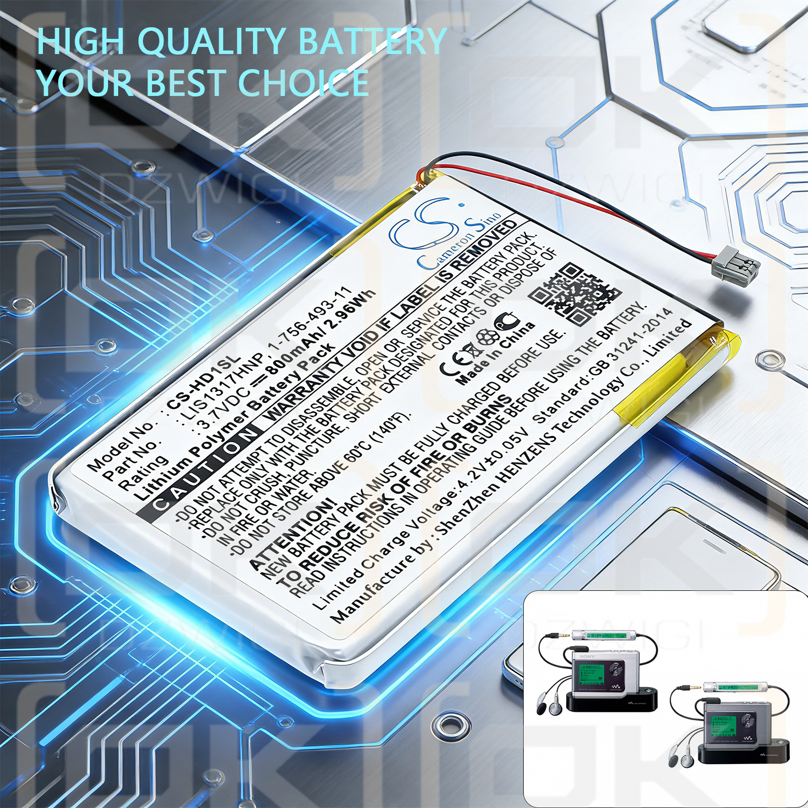 Sony NW-HD1 MP3-Player / PMPSYHD1 800 mAh Li-Polymer 3,7 V (Cameron Sino)