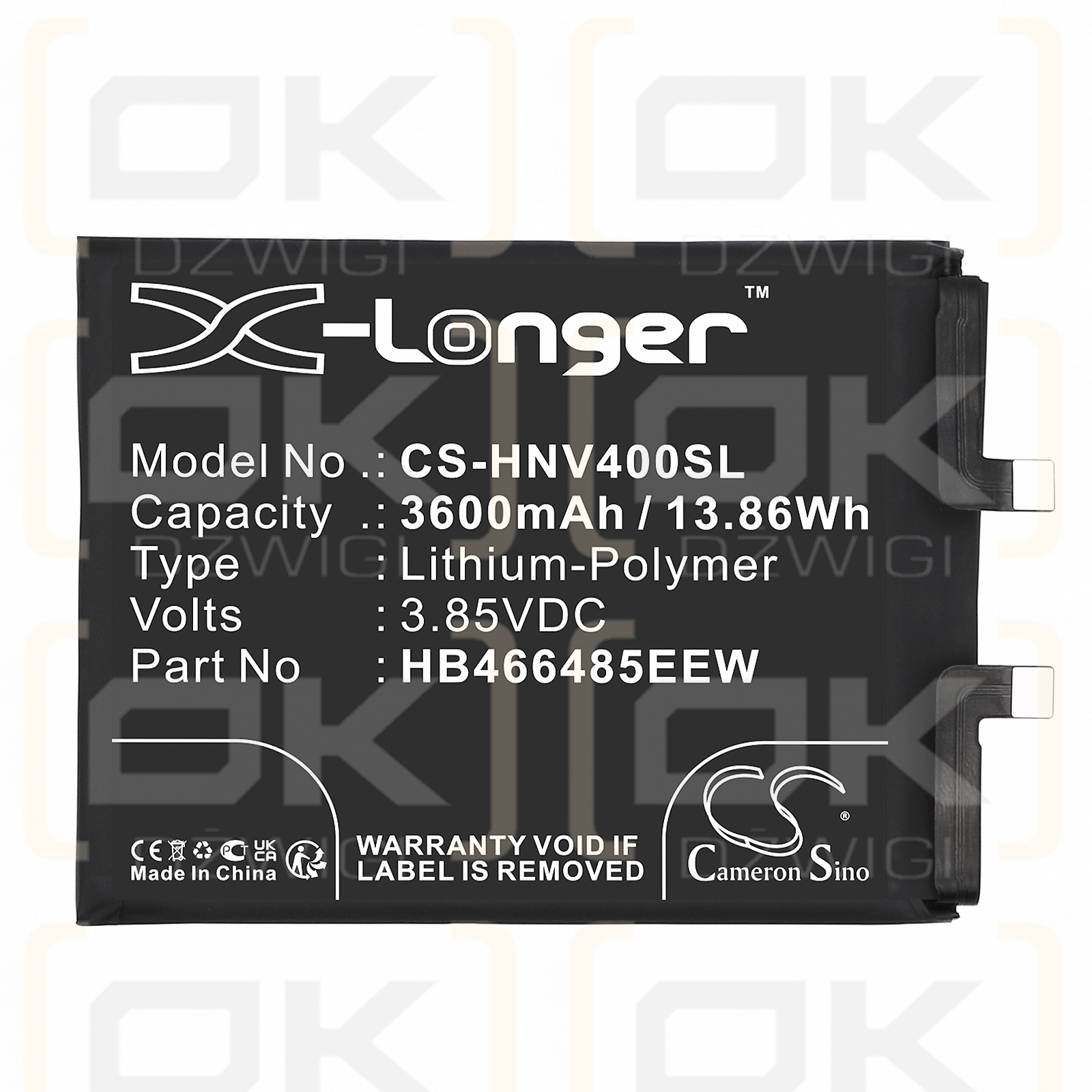 Huawei Nova 8 Pro / HB466485EEW 3600 mAh, polímero de litio, 3,85 V (Cameron Sino)