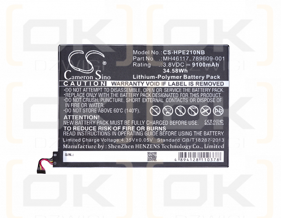 HP Pavilion x2 10-j025tu (K5C46PA) / 789609-001 9100 mAh Li-Polymer 3.8 V (Cameron Sino)