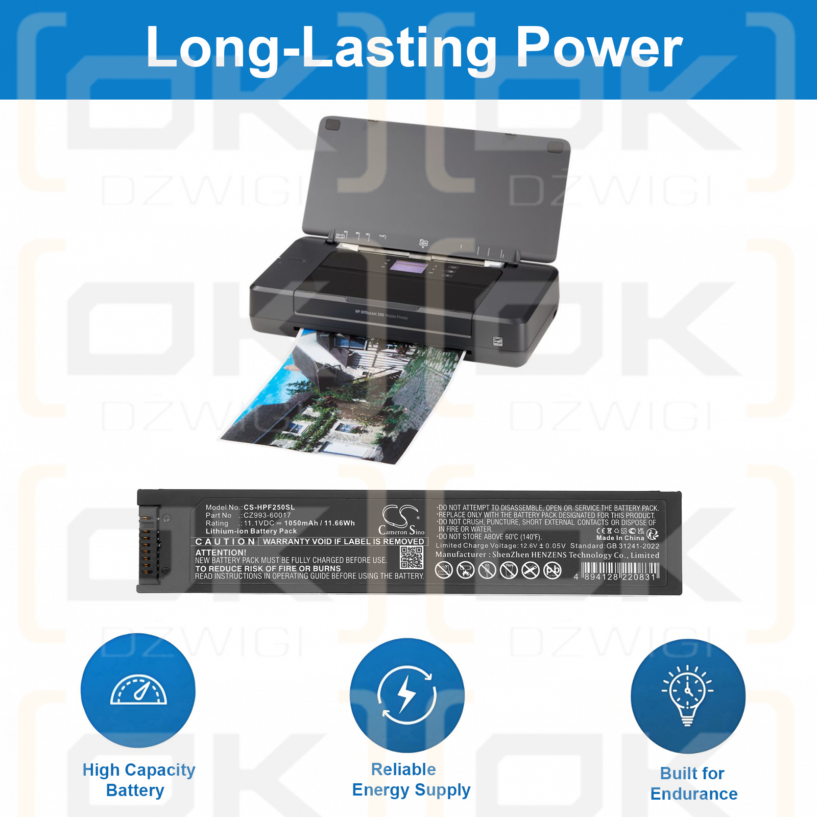 HP OfficeJet 252C Mobiler All-in-One-Drucker / CZ993-60017 1050 mAh Li-Ion 11,1 V (Cameron Sino)