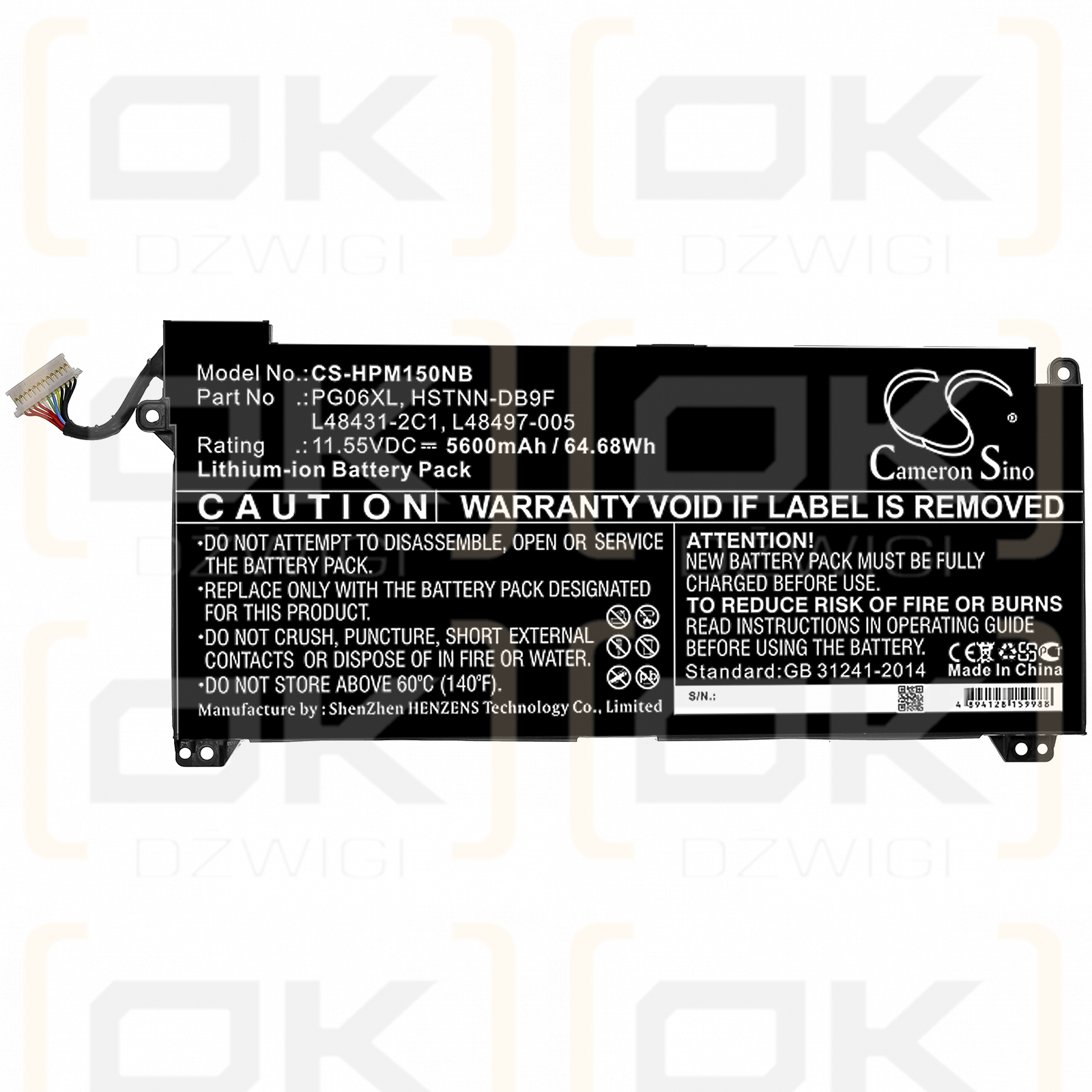 HP Omen 15-DH0017NH / PG06XL 5600mAh Li-ion 11.55V (Cameron Sino)