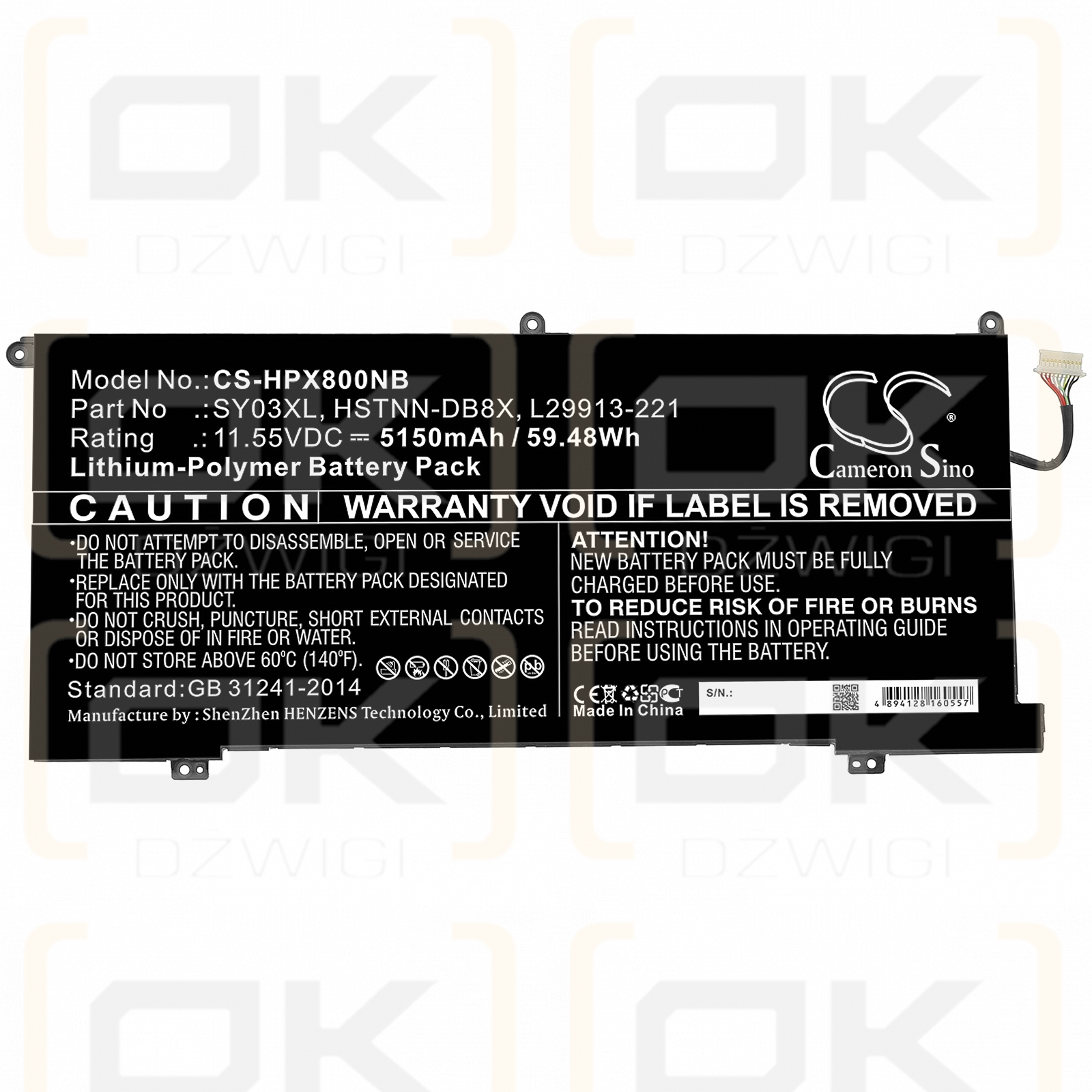 HP Chromebook X360 14-DA0021NR / SY03XL 5150 mAh Li-Polymer 11,55 V (Cameron Sino)