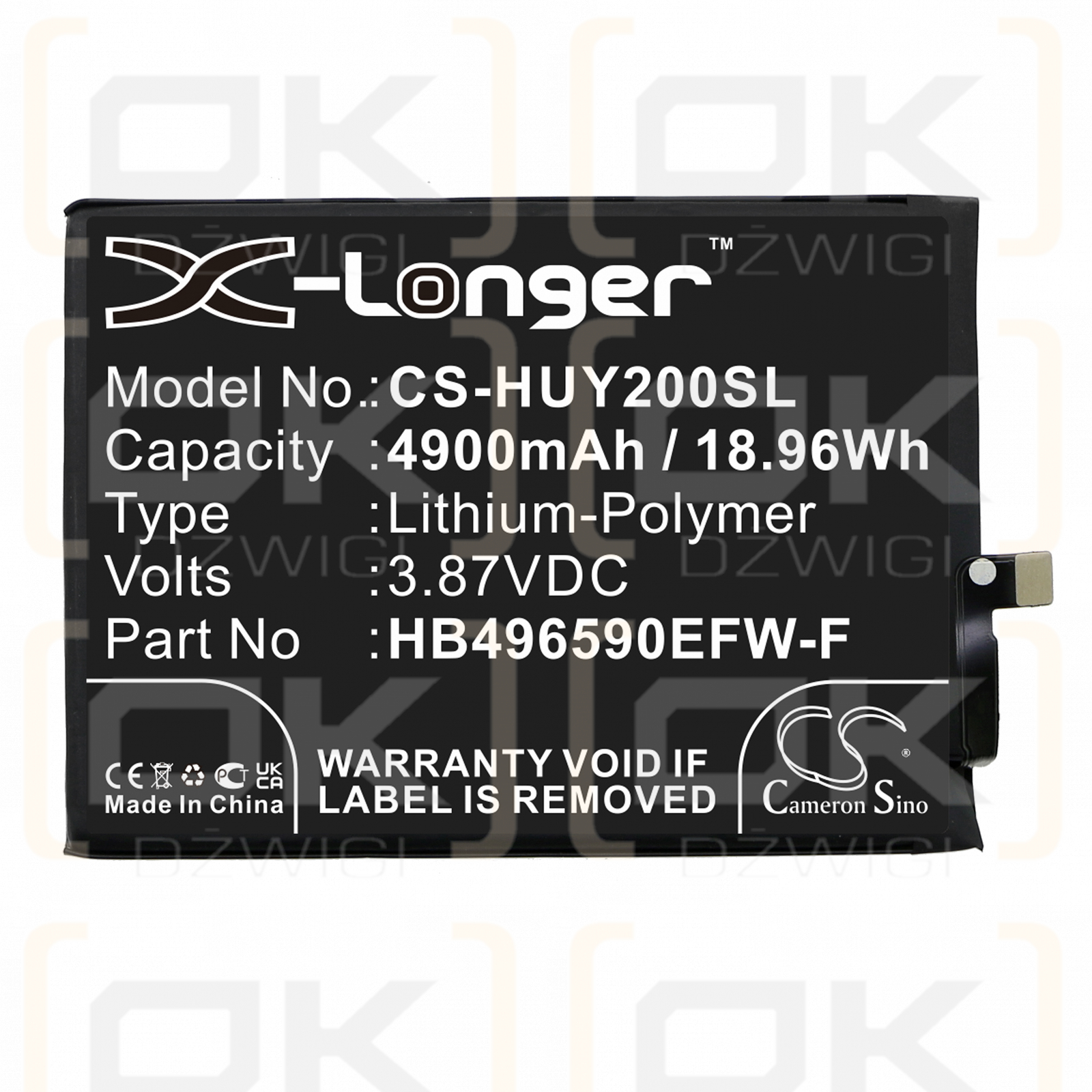 Huawei Changwan 20 / HB496590EFW-F 4900 mAh Li-Polymer 3,87 V (Cameron Sino)